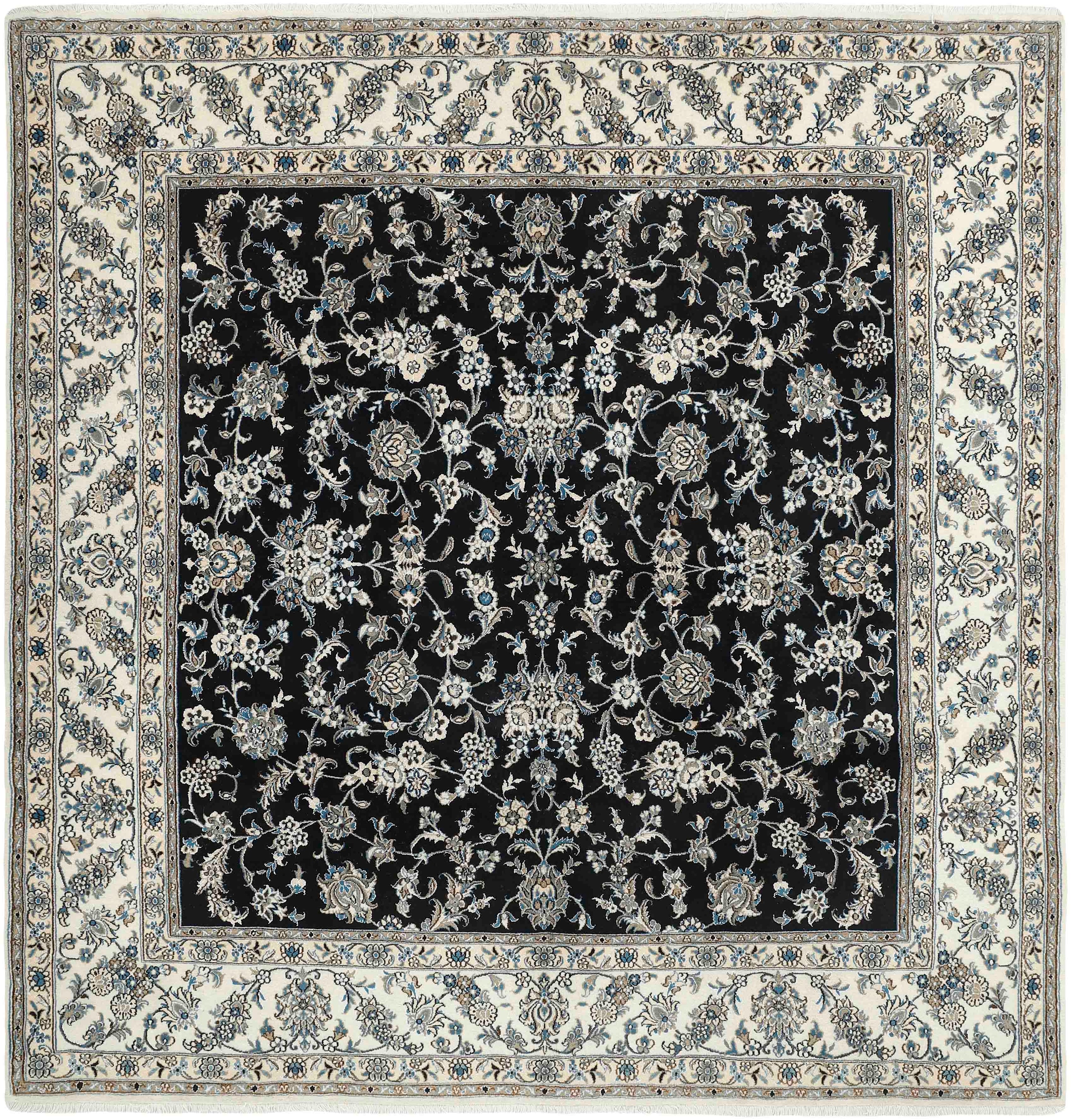 Authentic persian rug with a traditional floral design in cream, blue and black