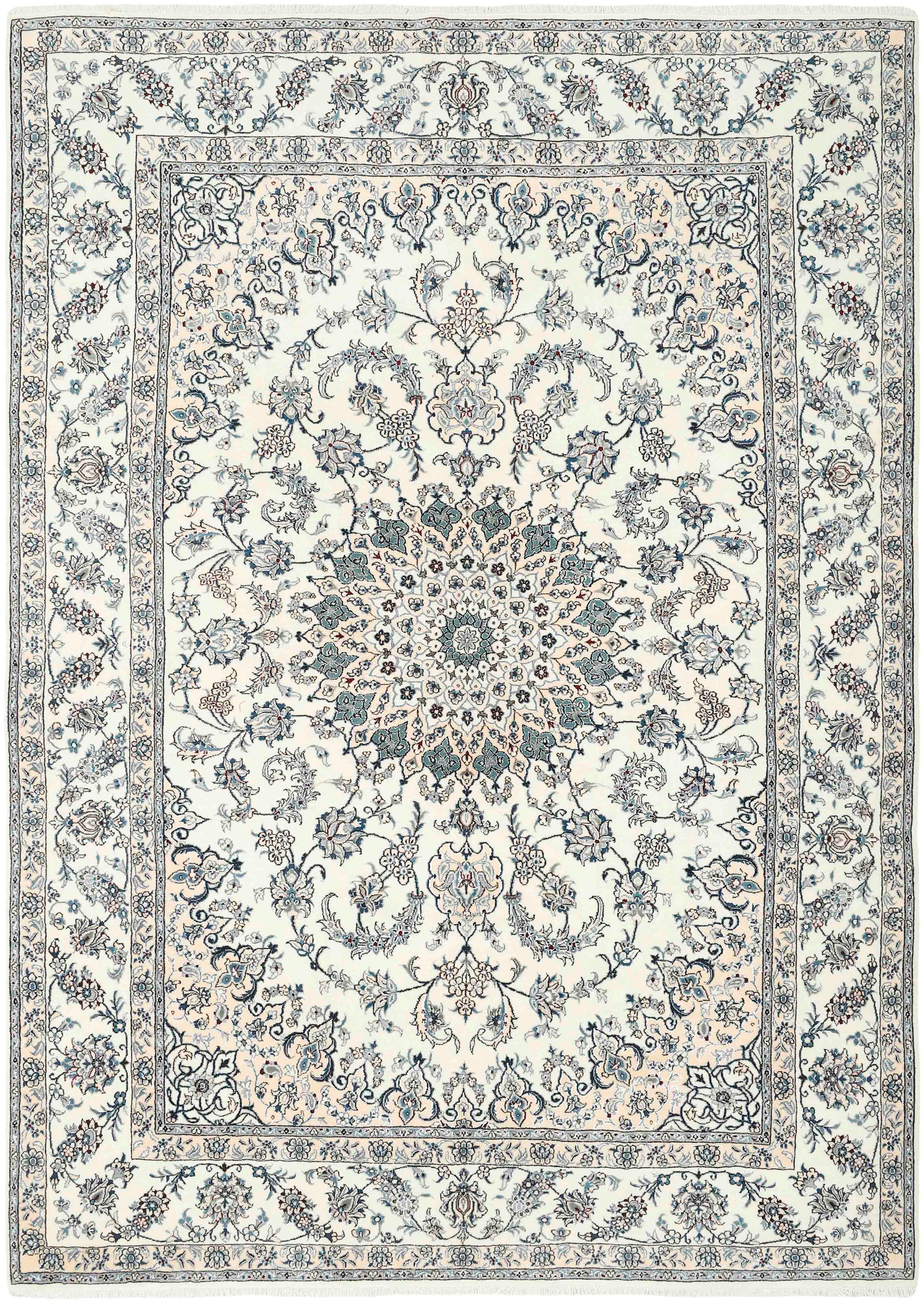 Authentic persian rug with a traditional floral design in cream and blue