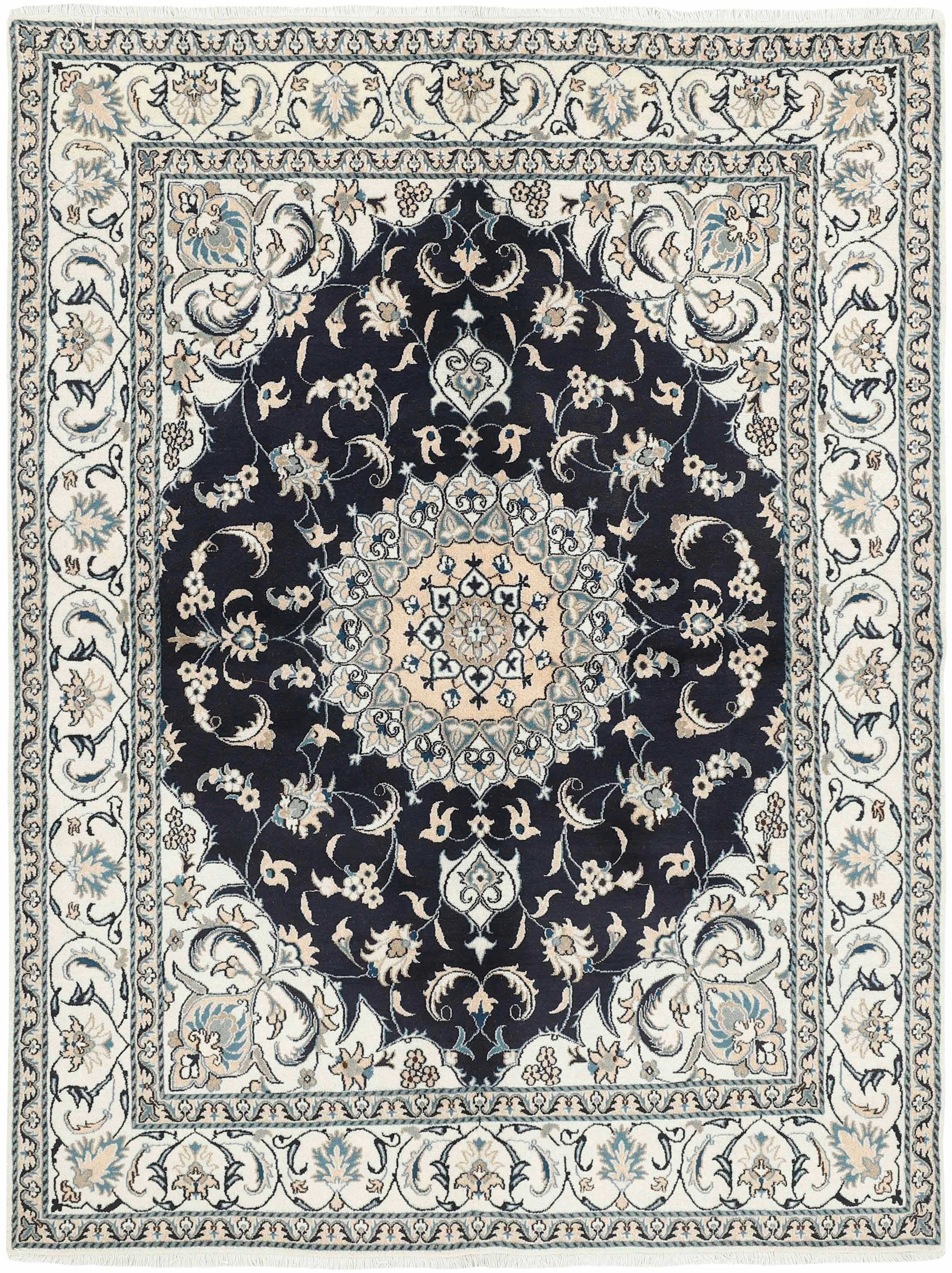Authentic persian rug with a traditional floral design in beige and black