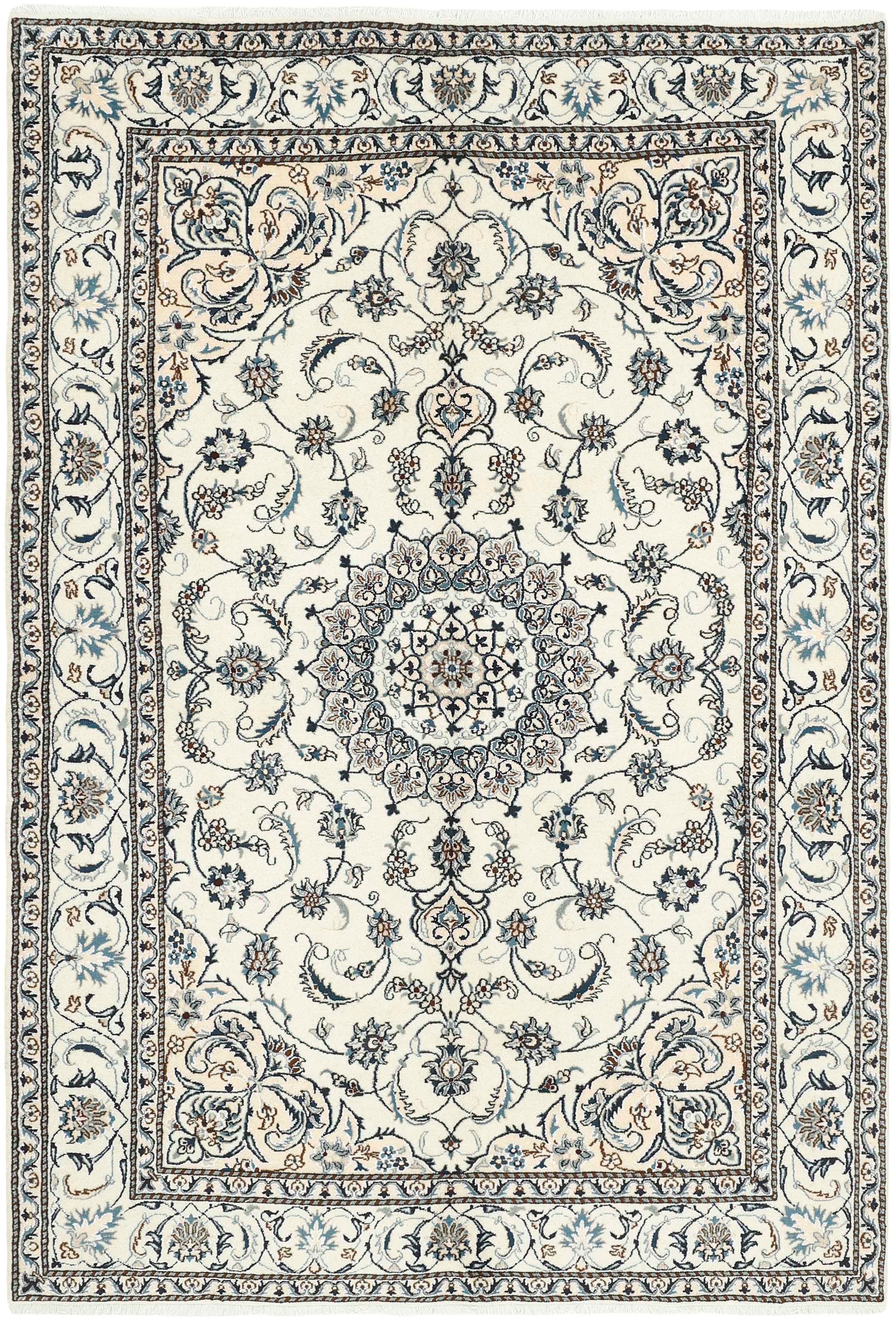 Authentic persian rug with a traditional floral design in cream and blue