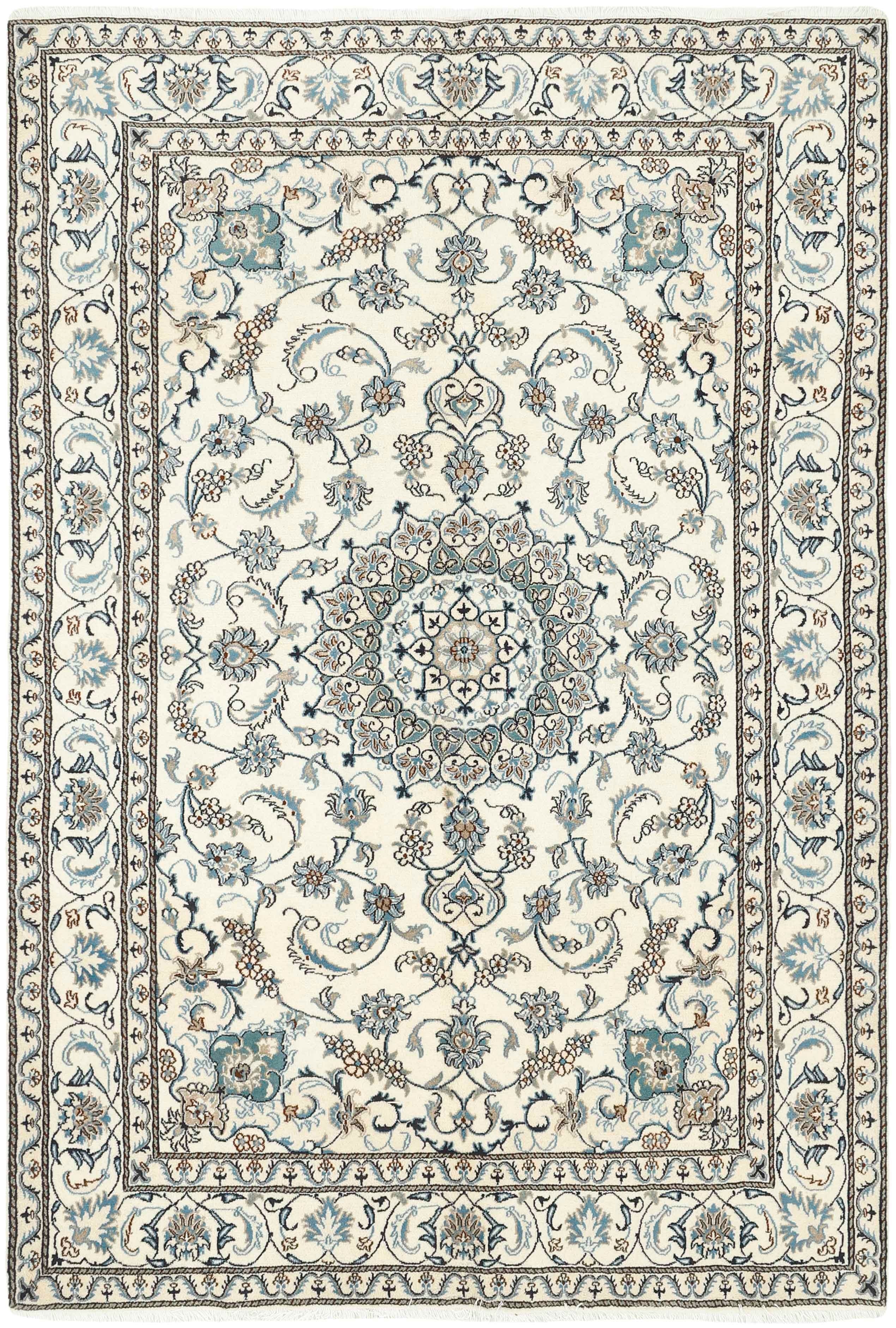 Authentic persian rug with a traditional floral design in cream and blue