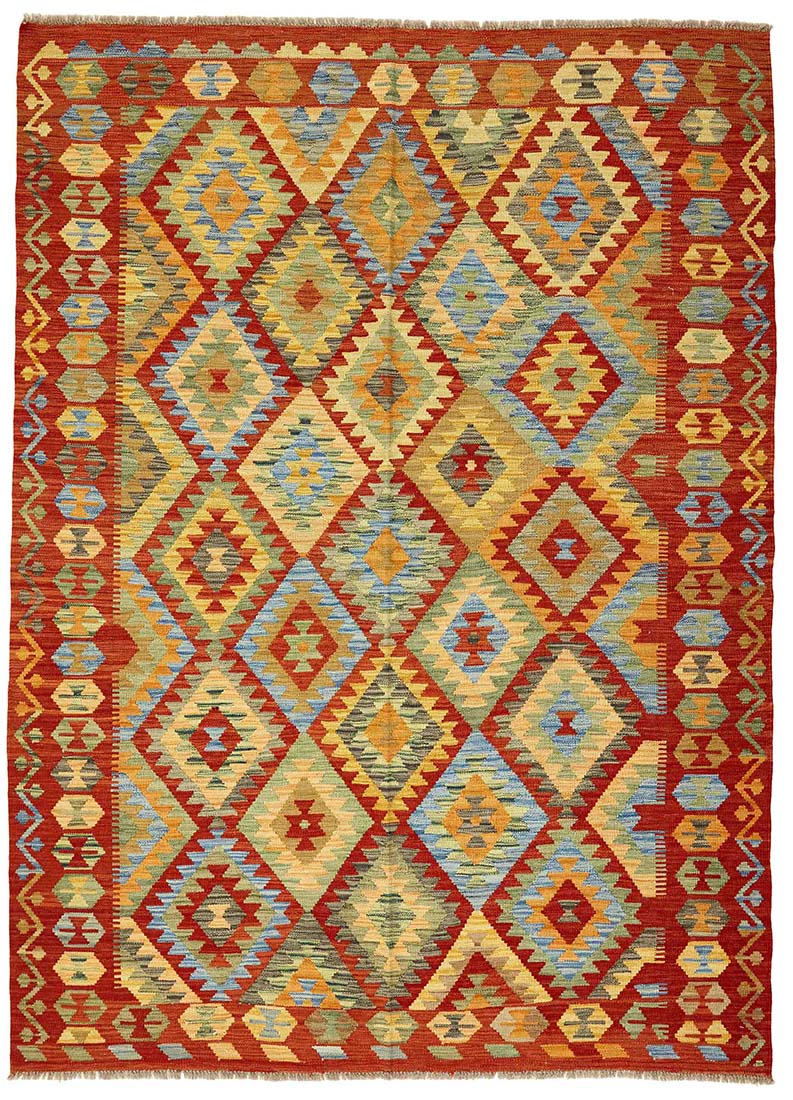 oriental kelim flatweave rug with a geometric design in blue, red, yellow, green, beige and orange
