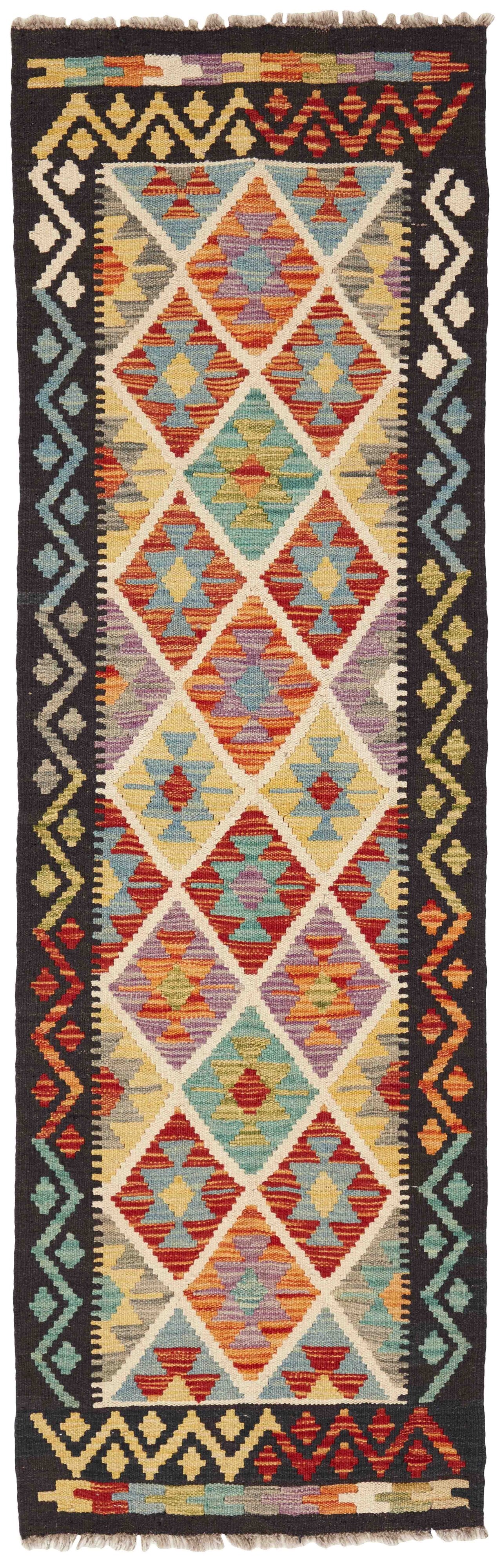 Authentic Afghan Kelim flatweave rug with traditional multicolour pattern.
