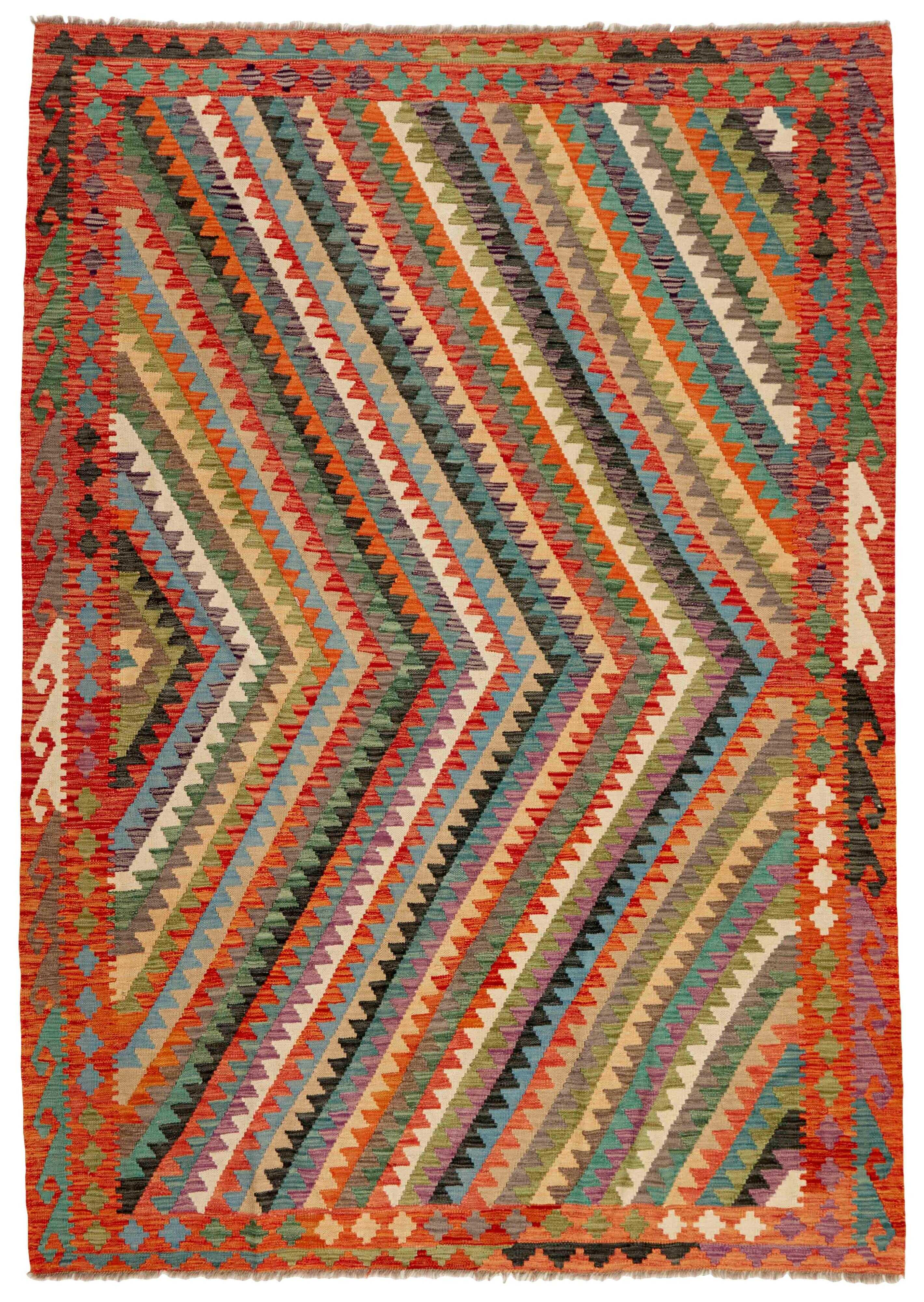 Oriental kelim flatweave rug with a geometric design in blue, red, yellow, beige and orange