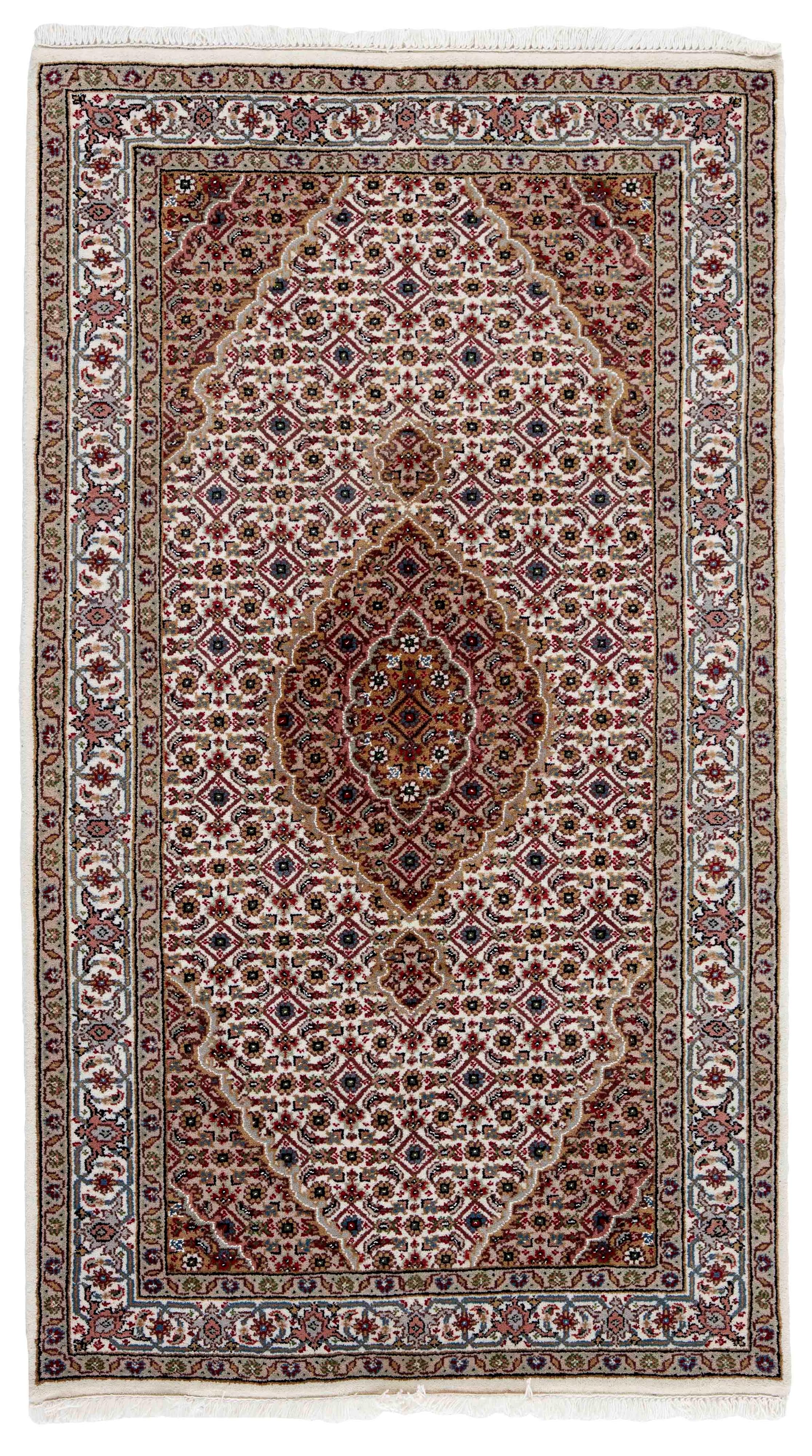 Authentic Oriental rug with traditional geometric and floral design in beige, blue, green and black
