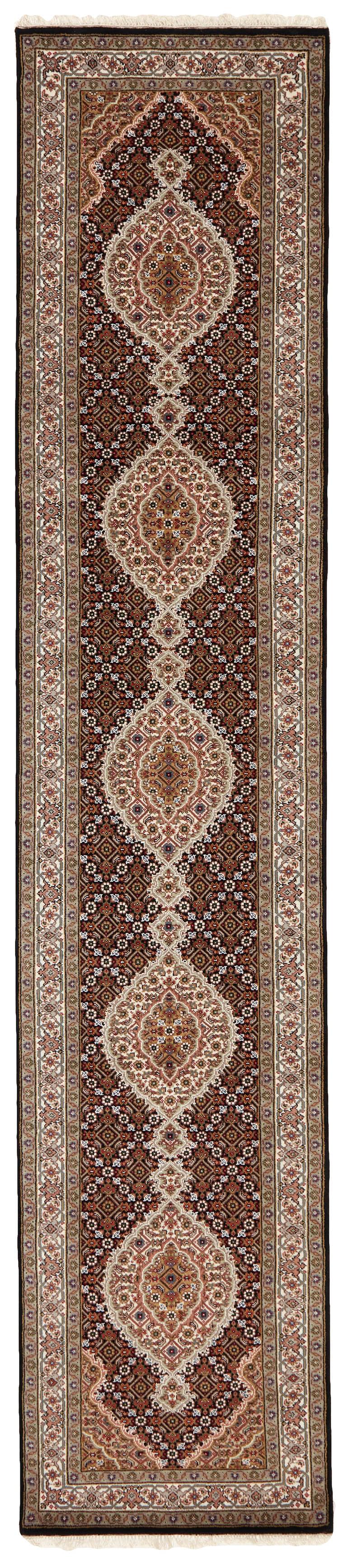 Authentic Oriental runner with traditional geometric and floral design in red, beige, brown and black