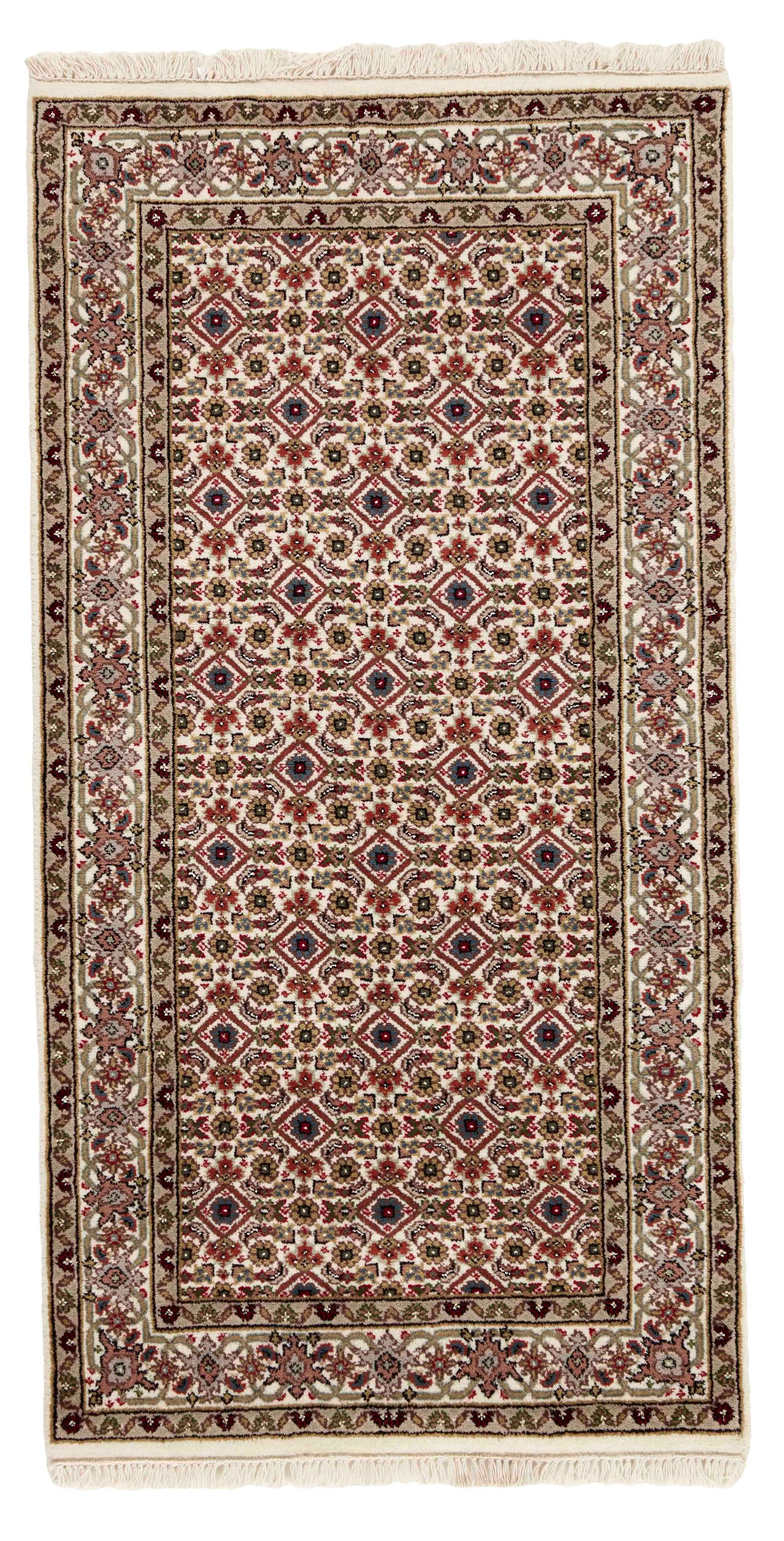 Authentic Oriental rug with traditional geometric and floral design in beige, blue, green and black