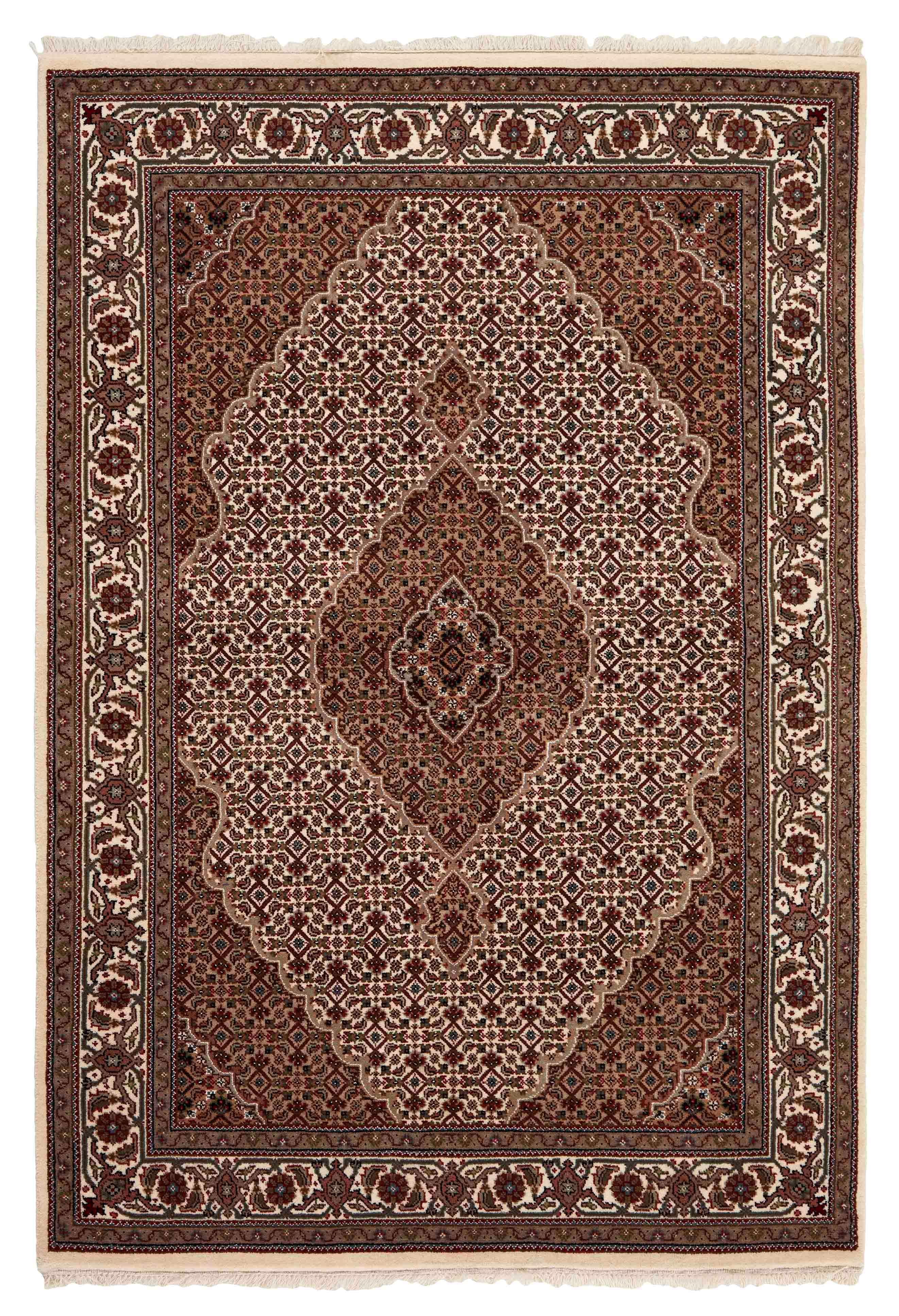 Authentic Oriental rug with traditional geometric and floral design in beige, blue, green and black