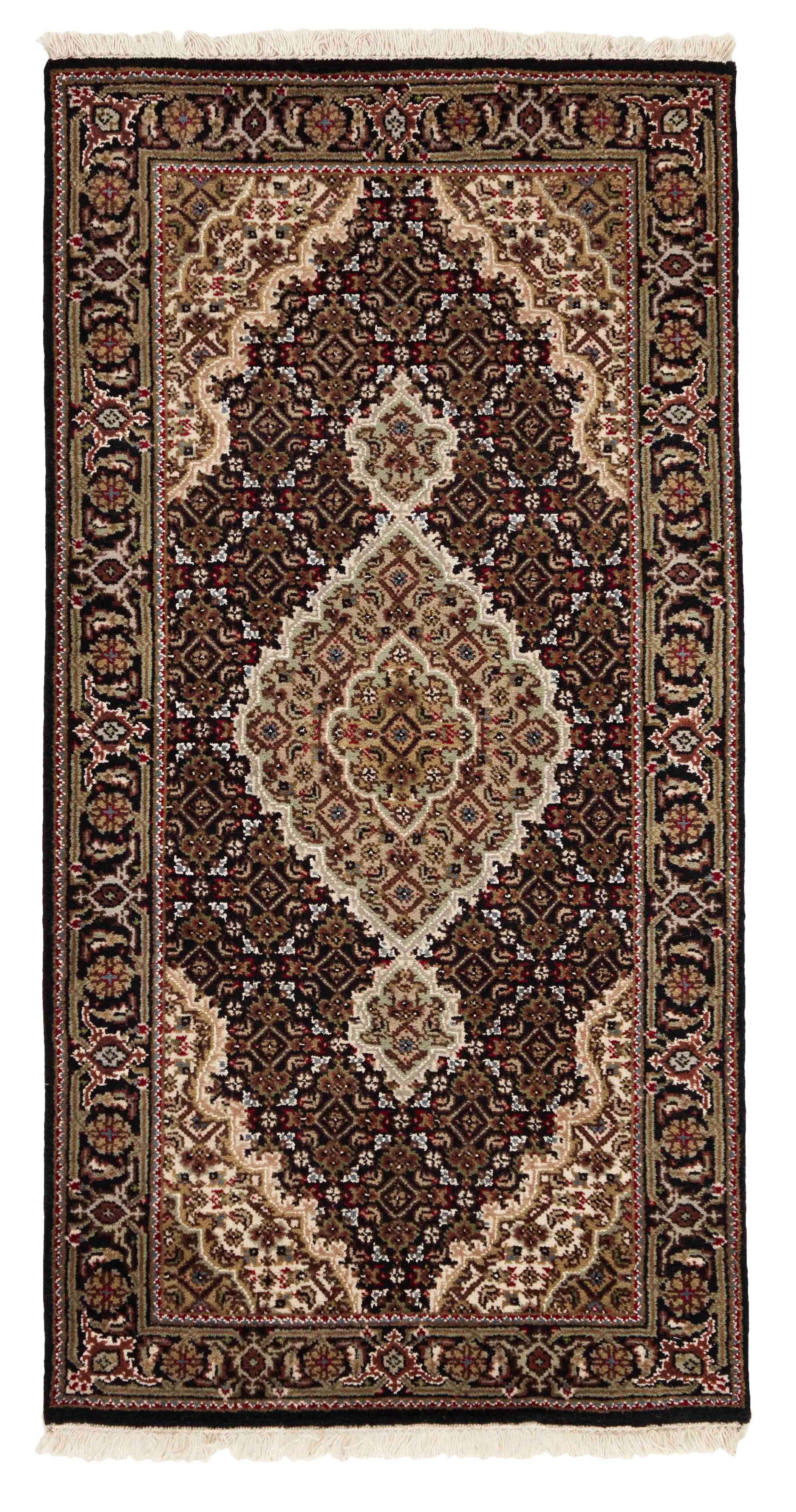 Authentic Oriental rug with traditional geometric and floral design in beige, blue, green and black