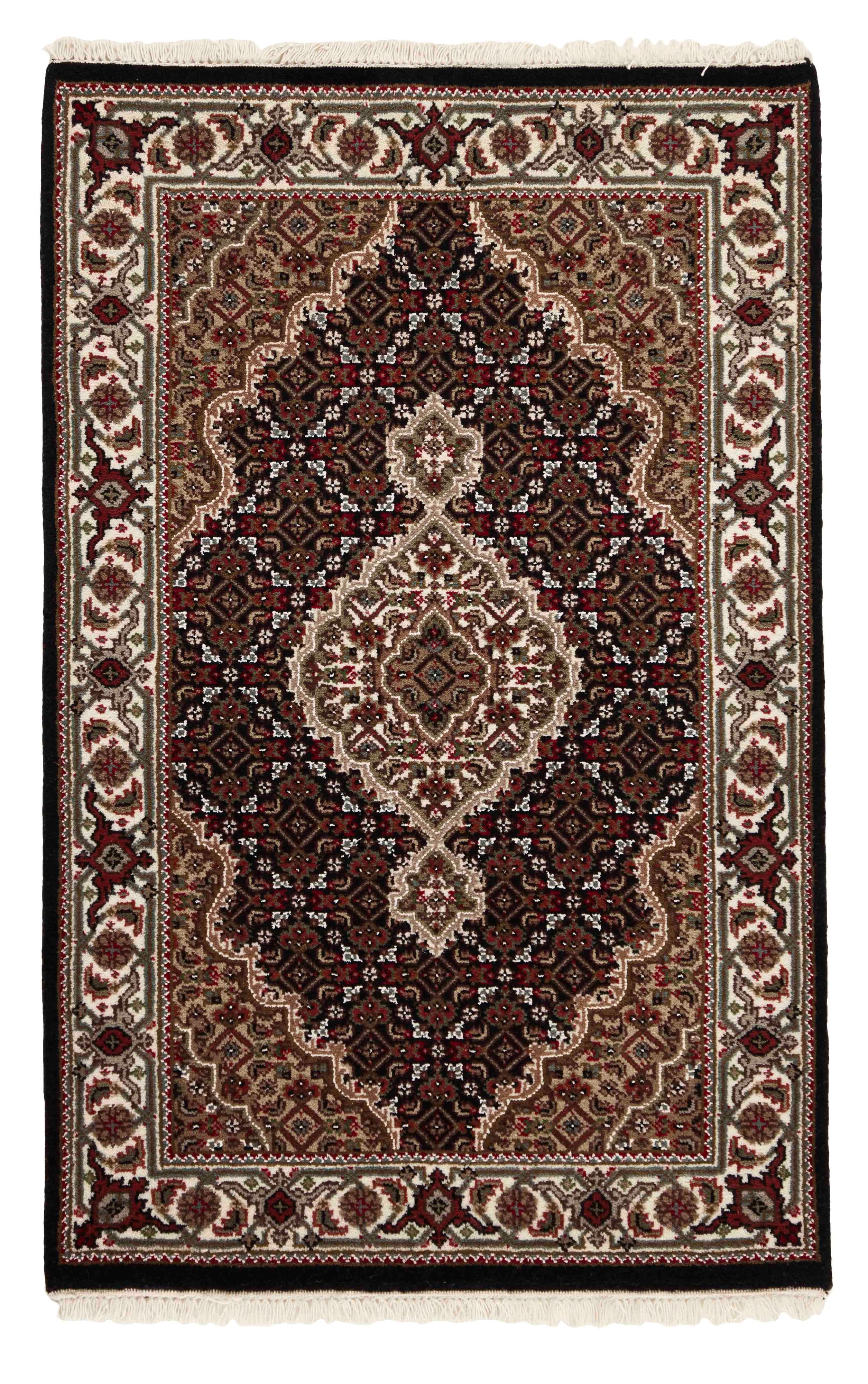Authentic Oriental rug with traditional geometric and floral design in beige, blue, green and black