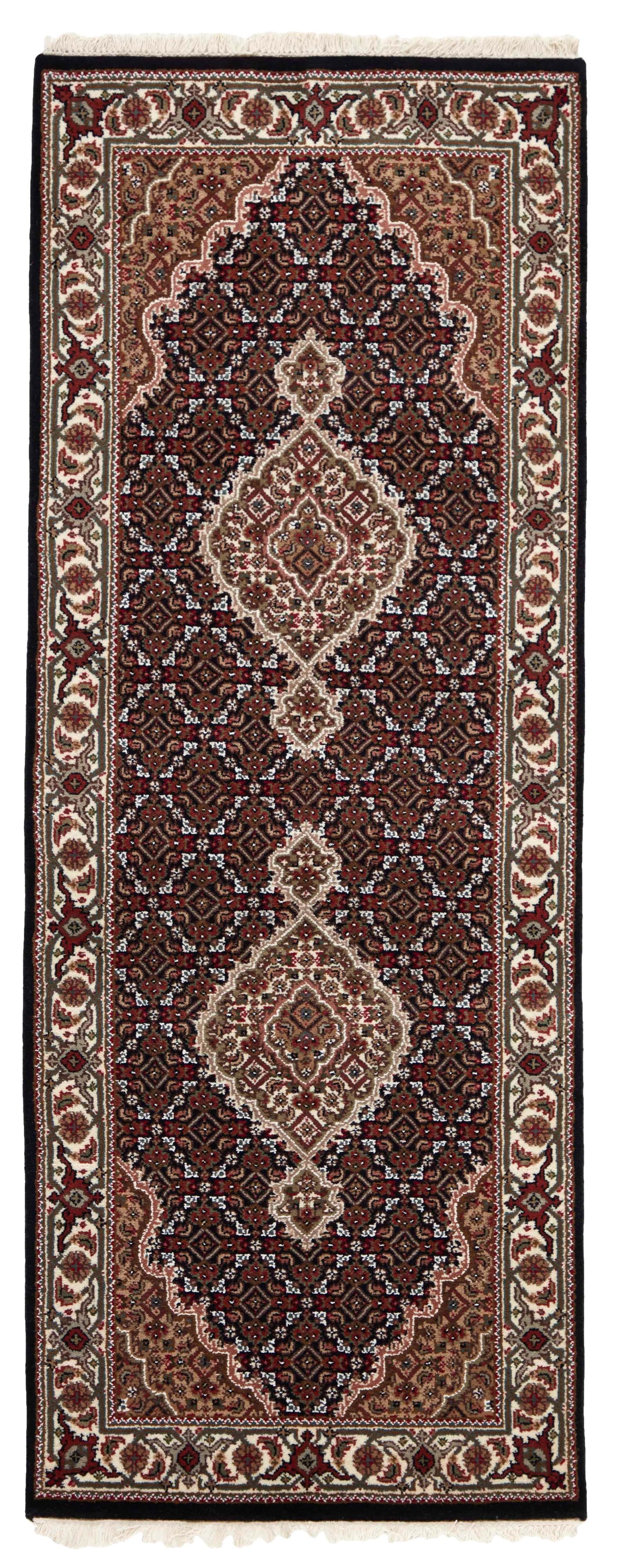 Authentic Oriental runner with traditional geometric and floral design in red, beige, brown and black