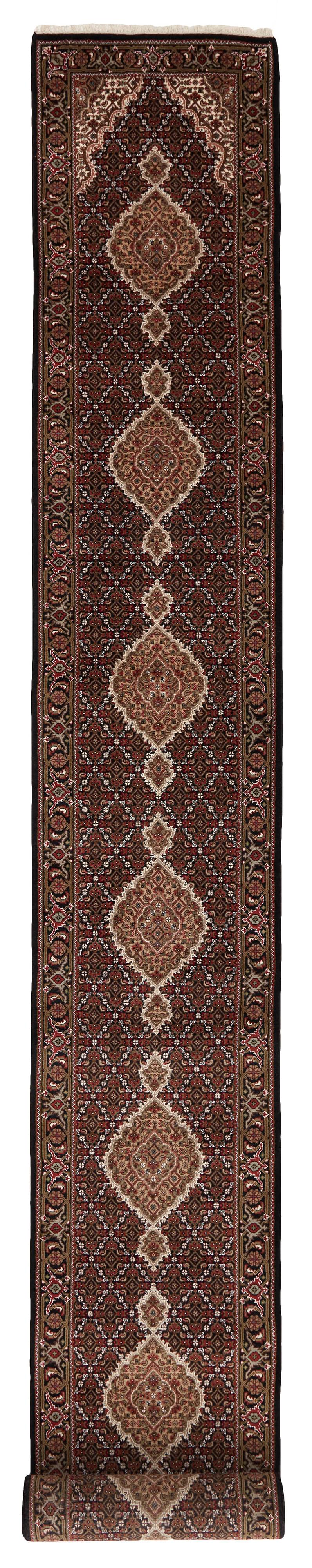 Authentic Oriental runner with traditional geometric and floral design in red, beige, brown and black