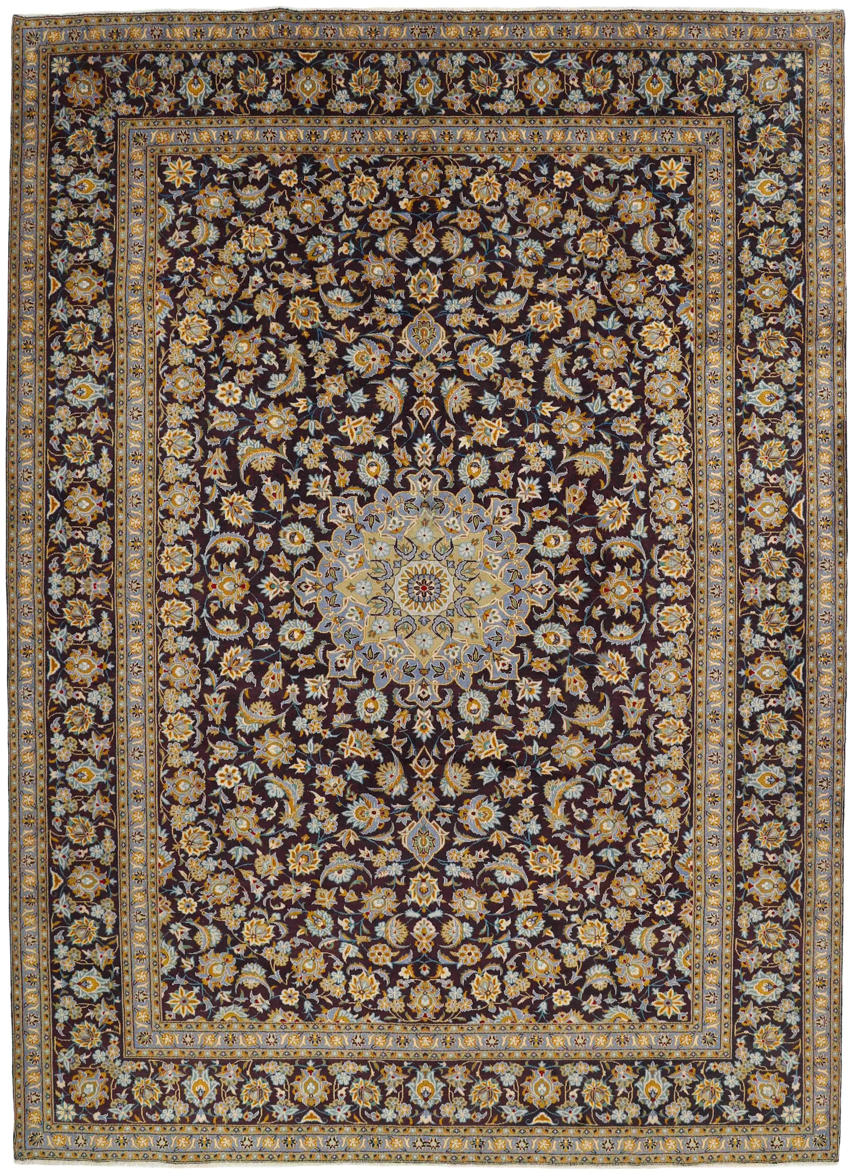 Authentic persian rug with traditional floral design in black, blue and beige