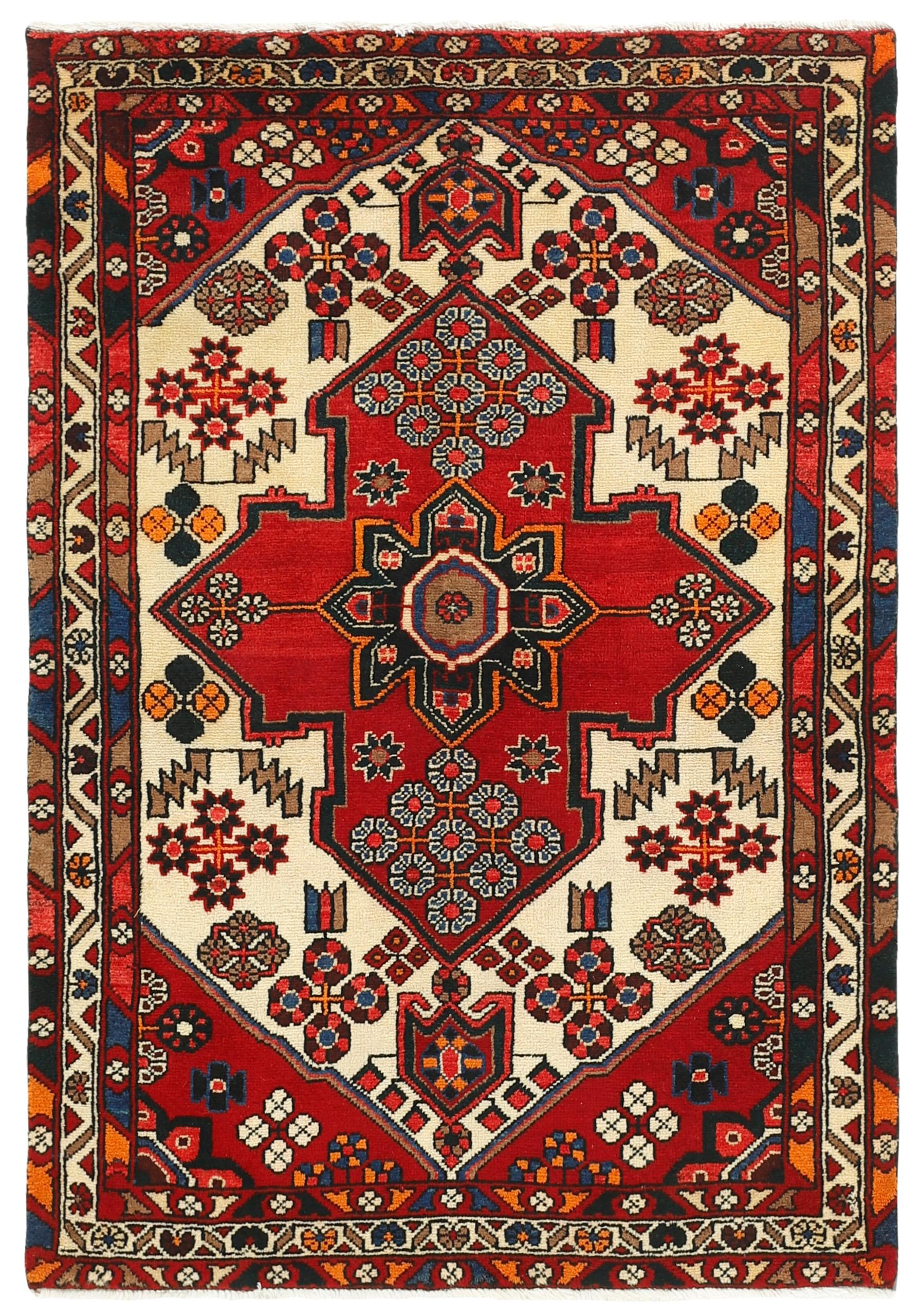 Authentic persian rug with tribal geometric design in red and black