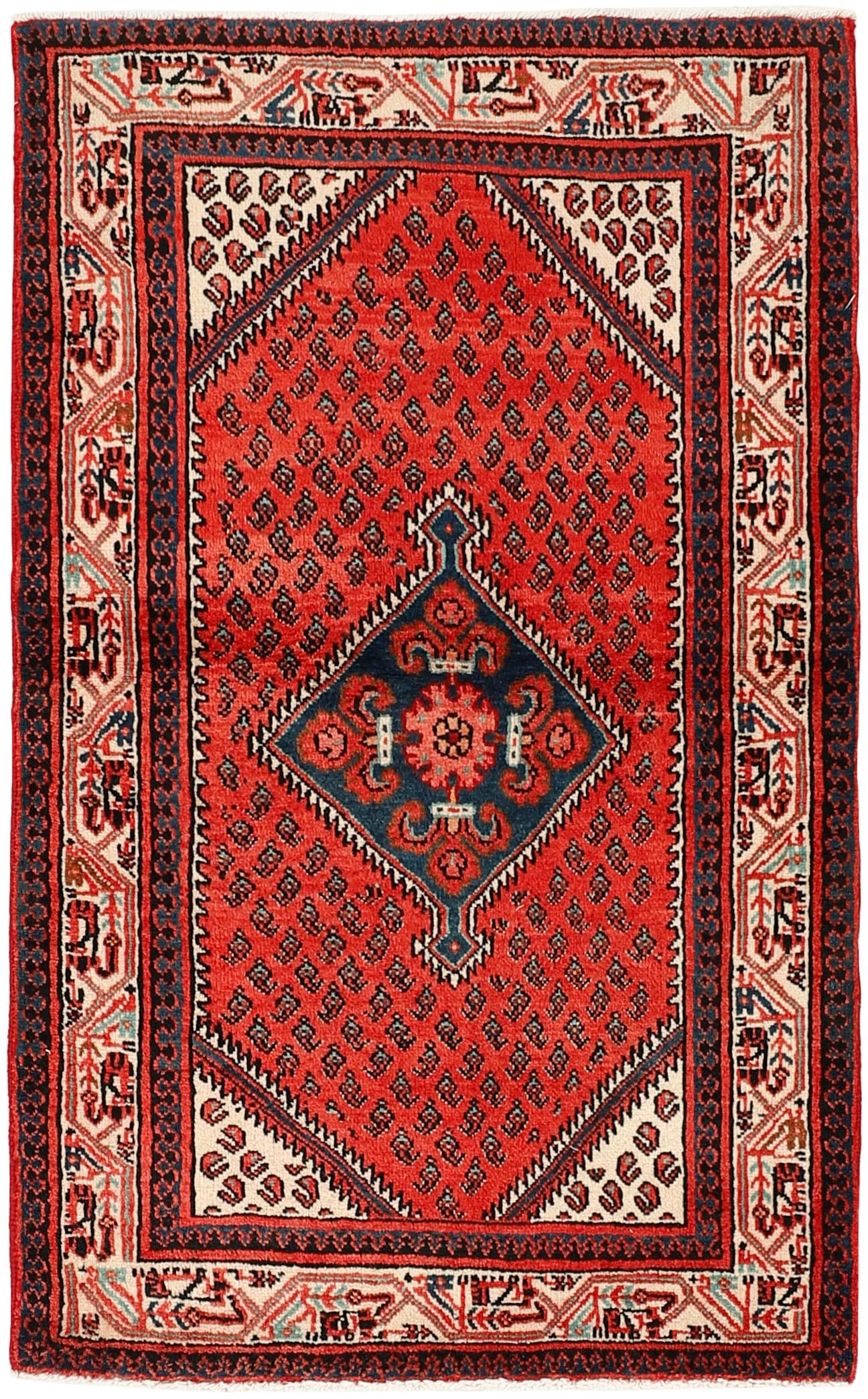 authentic persian rug with all-over traditional design in red, beige and blue