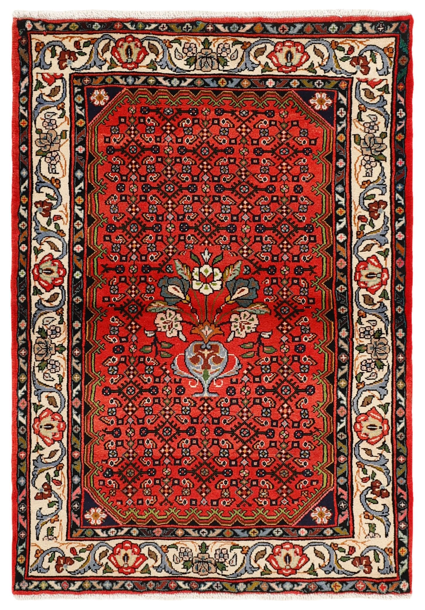 Red and black traditional persian rug with floral design