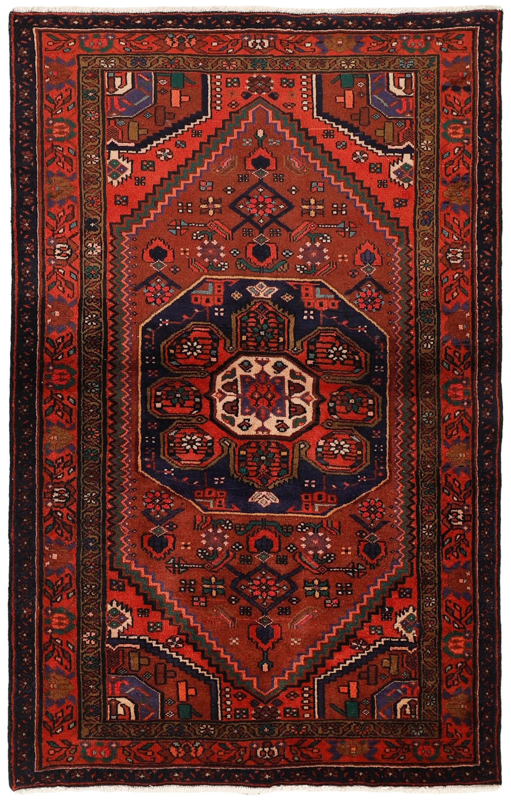 Authentic persian rug with stylised geometric design in red