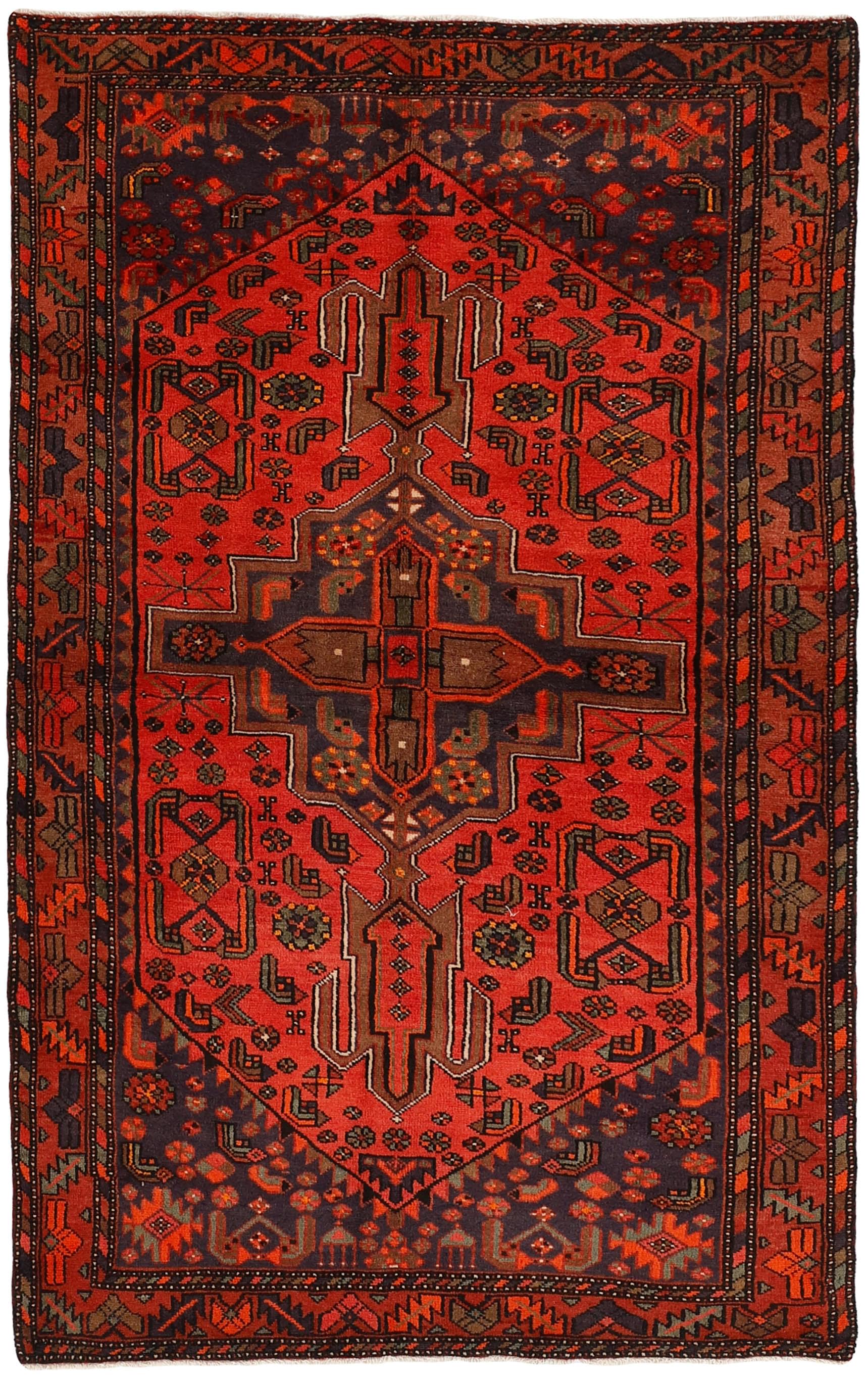 Authentic persian rug with stylised geometric design in red