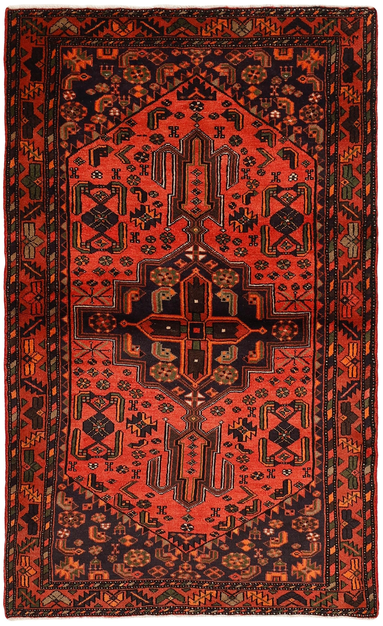 Authentic persian rug with stylised geometric design in red