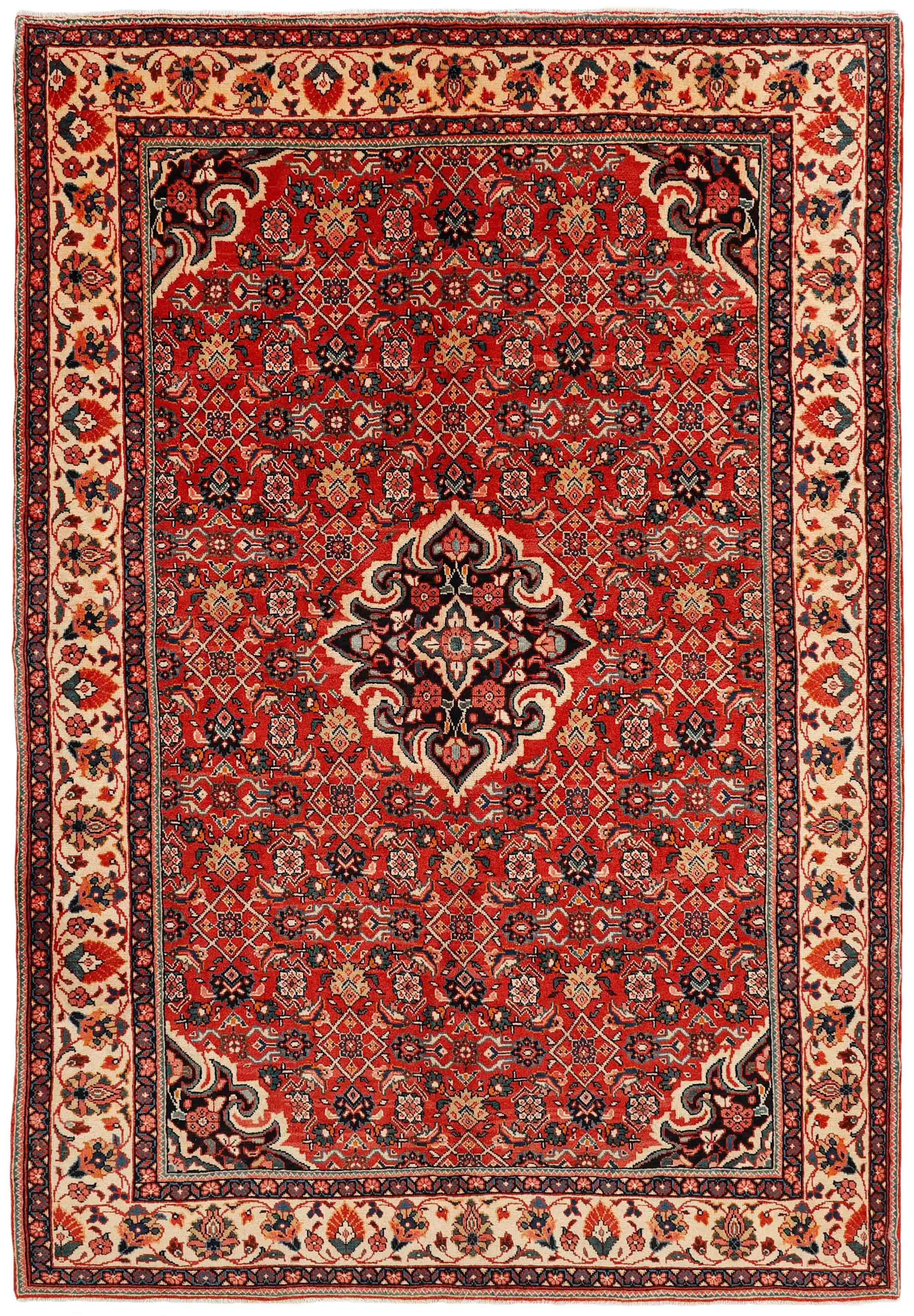 Large authentic persian rug with traditional floral pattern in red, blue, green, beige and brown