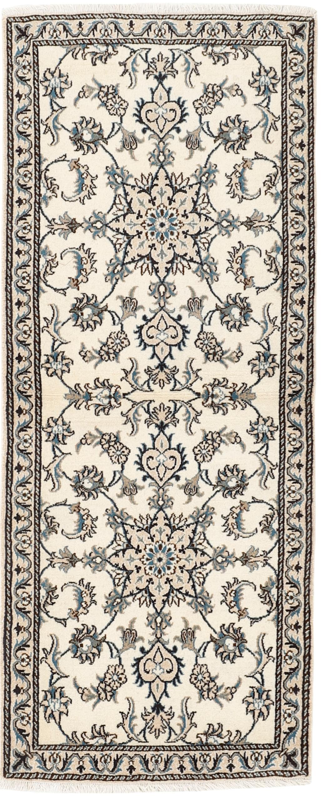 Authentic persian rug with a traditional floral design in cream and blue