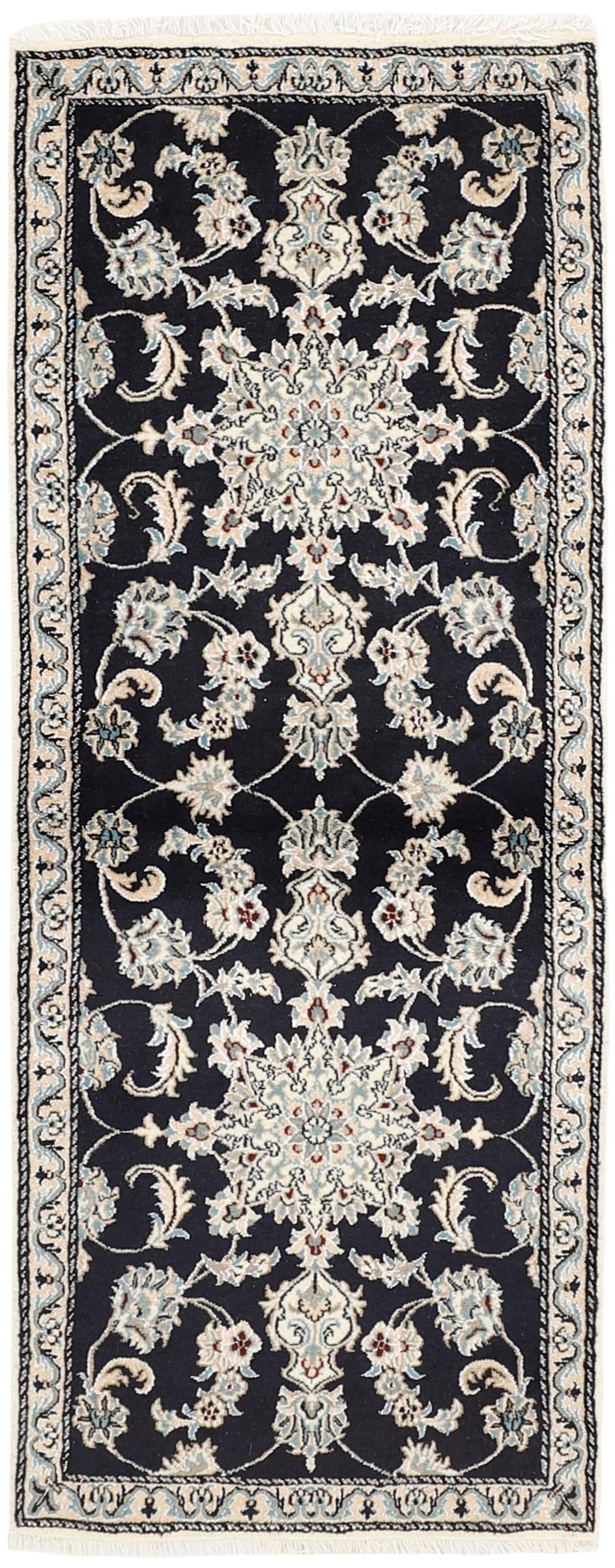 authentic persian runner with navy and black floral design