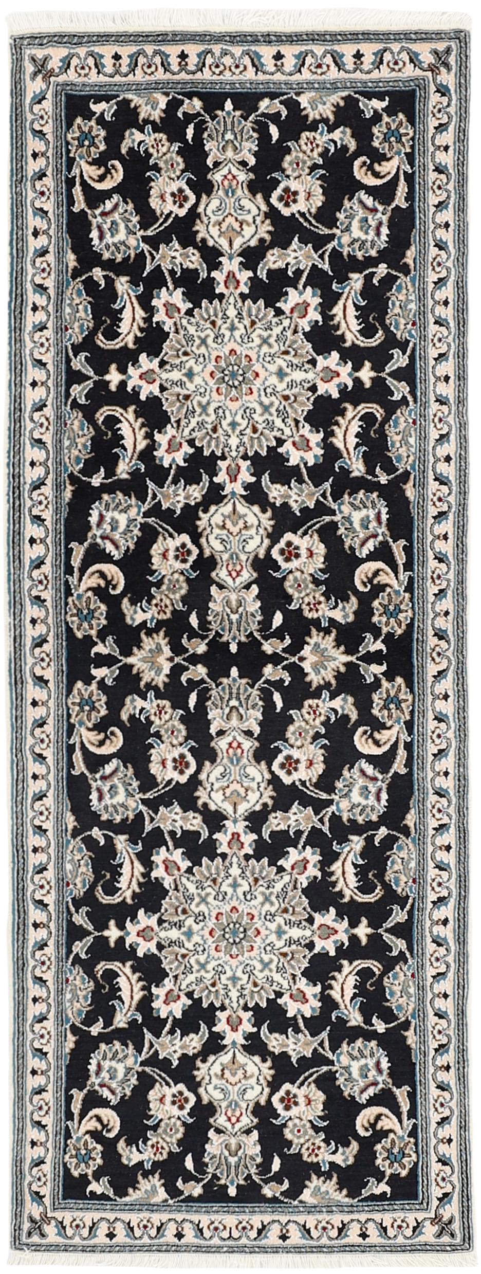authentic persian runner with navy and black floral design