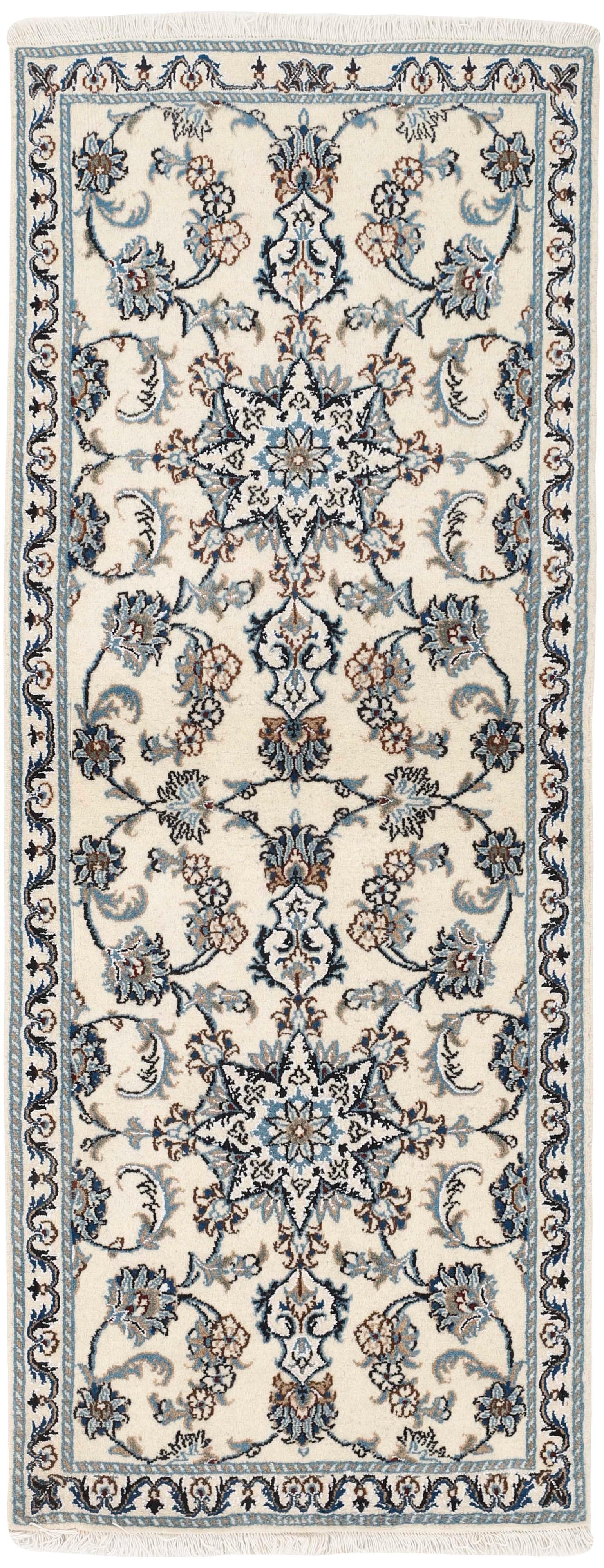 Authentic persian rug with a traditional floral design in cream and blue