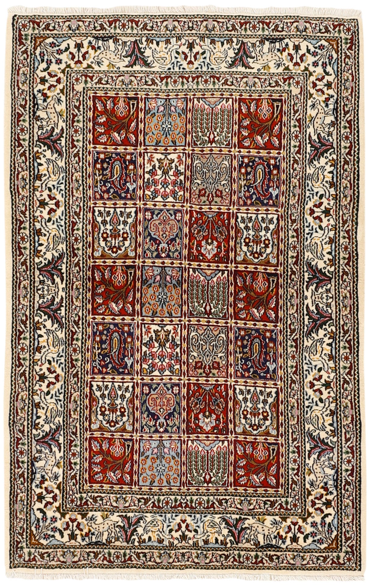 authentic persian rug with floral pattern in beige, blue and red