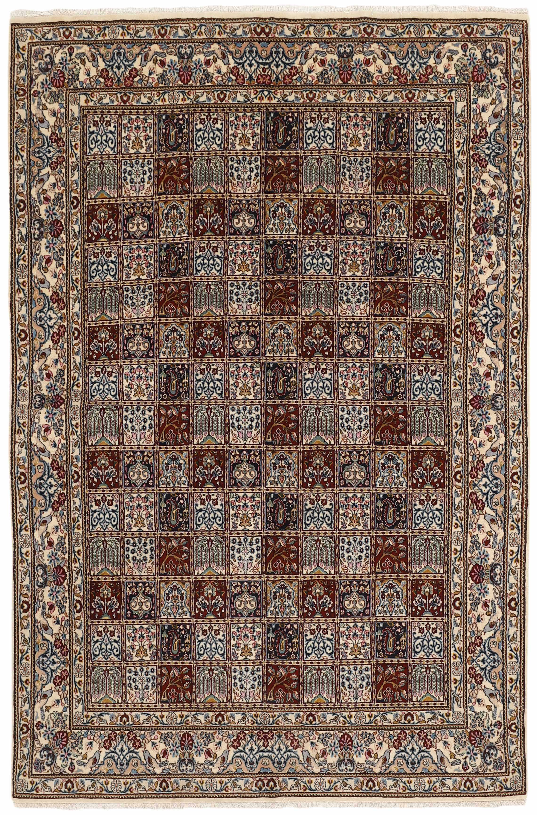 authentic persian rug with floral pattern in beige, blue and red