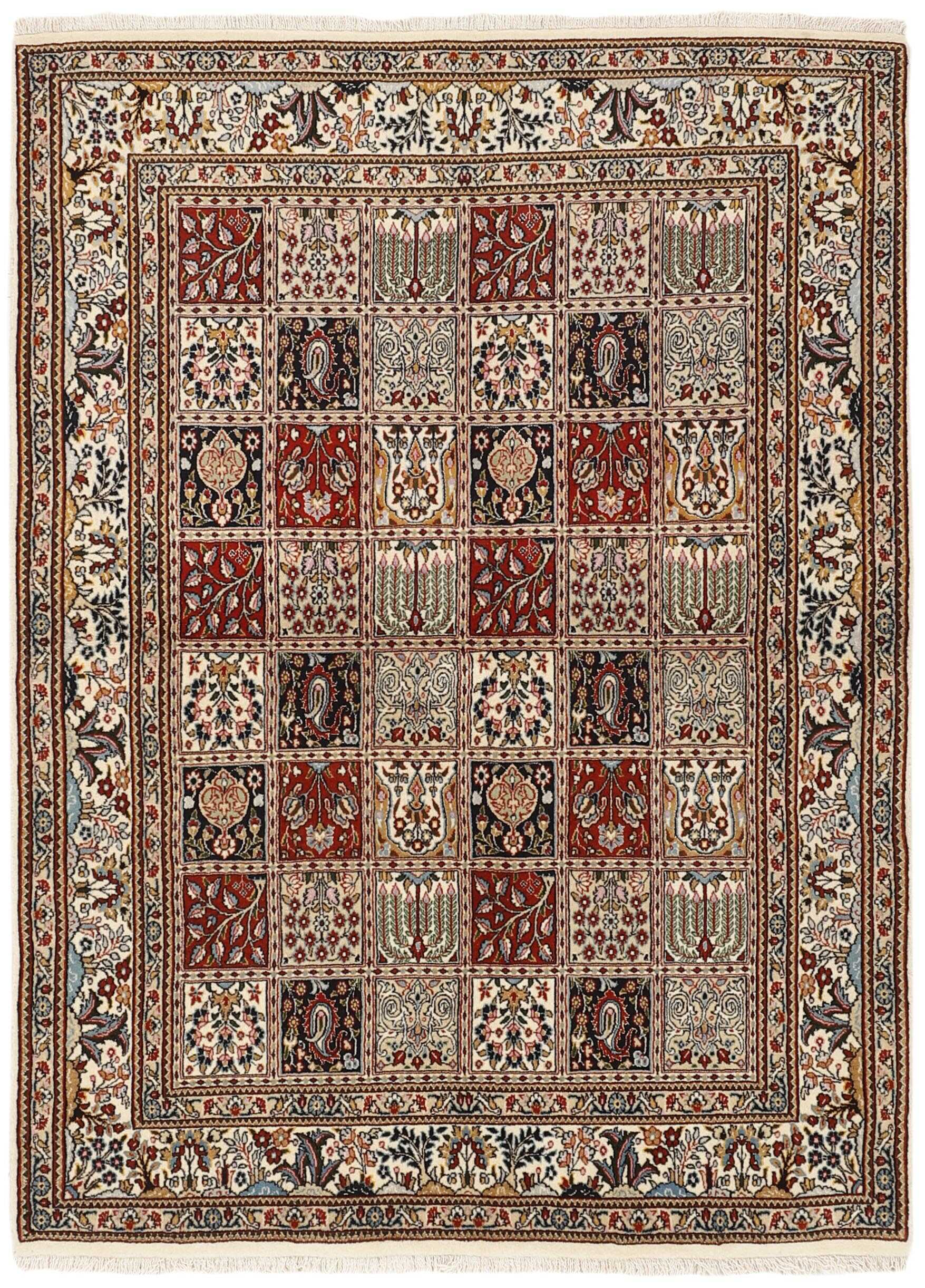 authentic persian rug with floral pattern in beige, blue and red