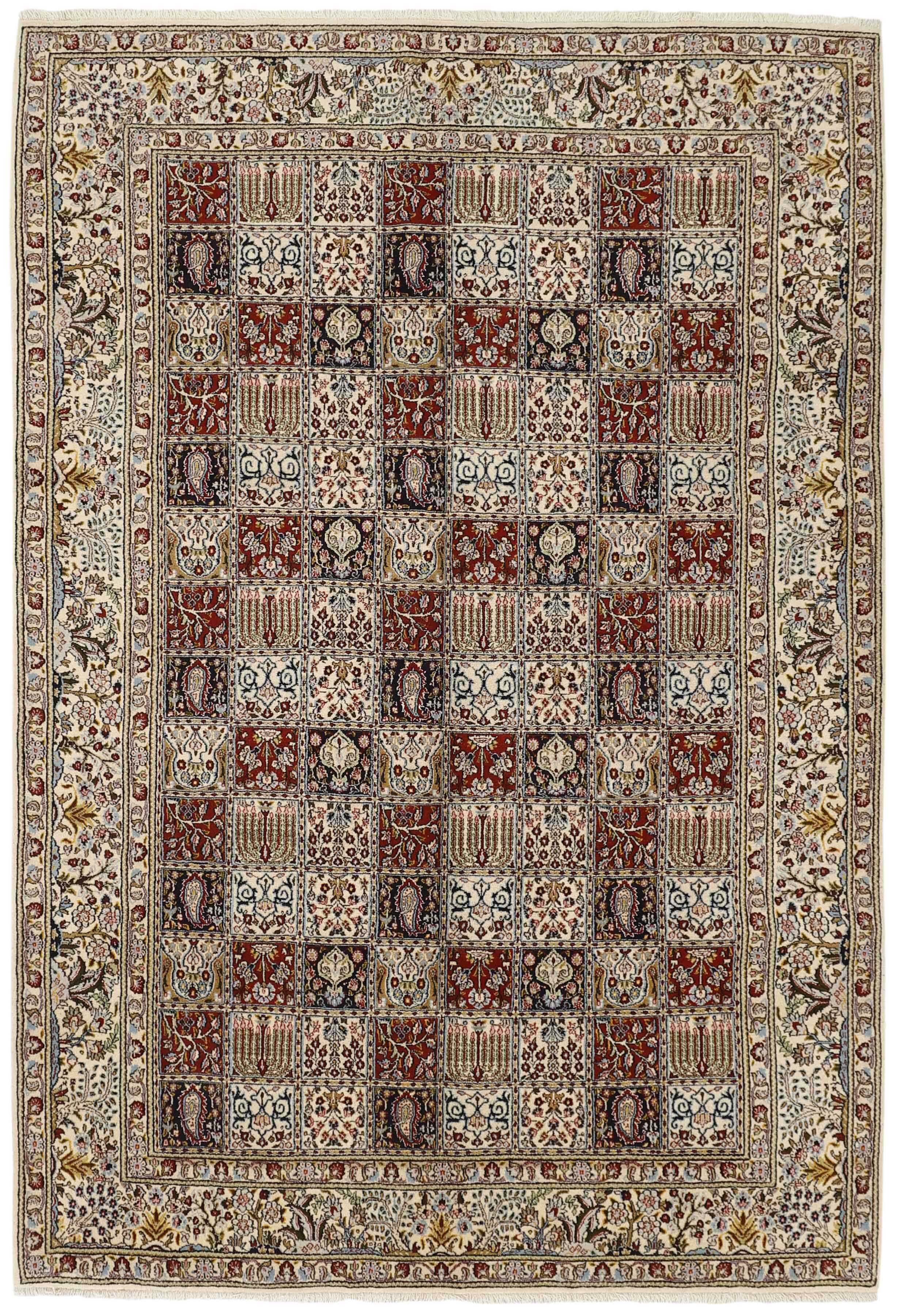 authentic persian rug with floral pattern in beige, blue and red