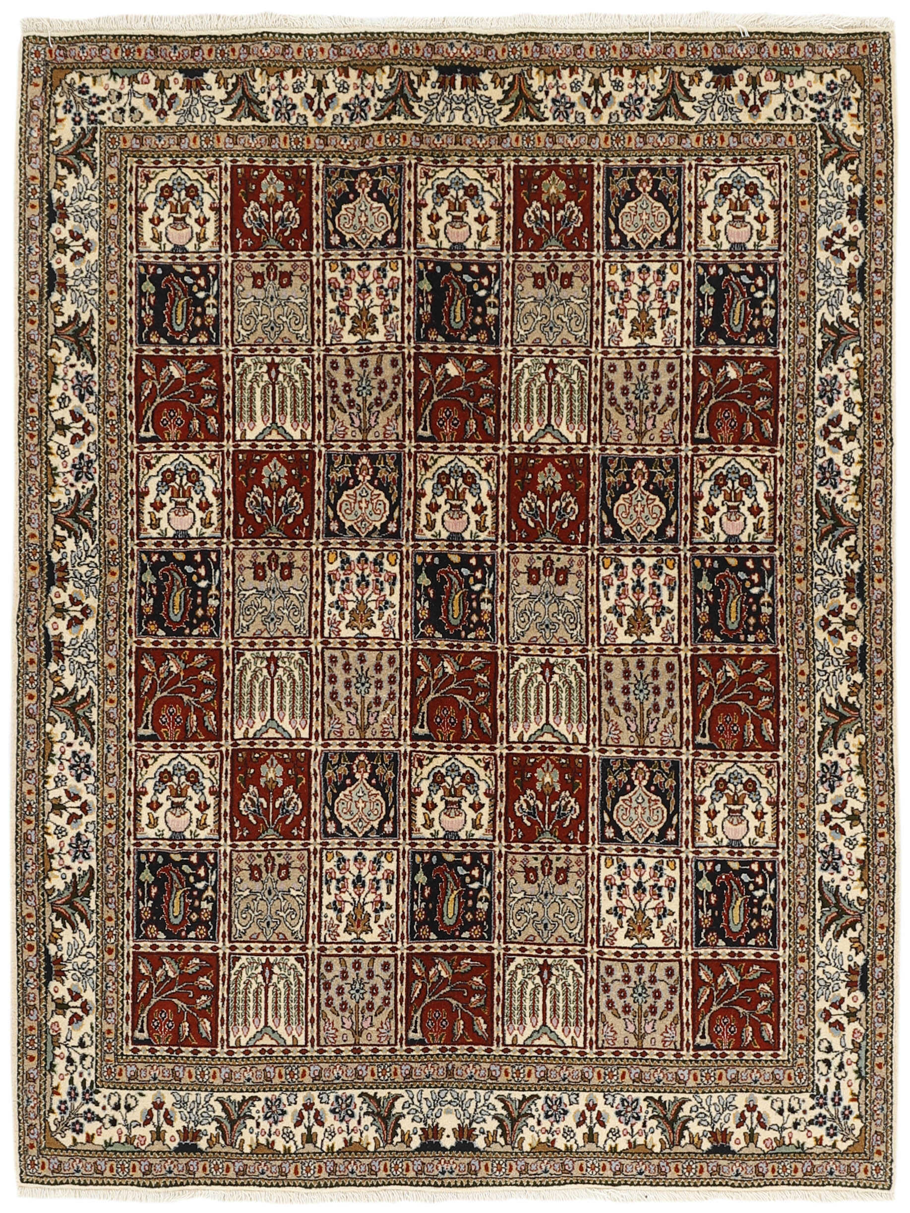 authentic persian rug with floral pattern in beige, blue and red