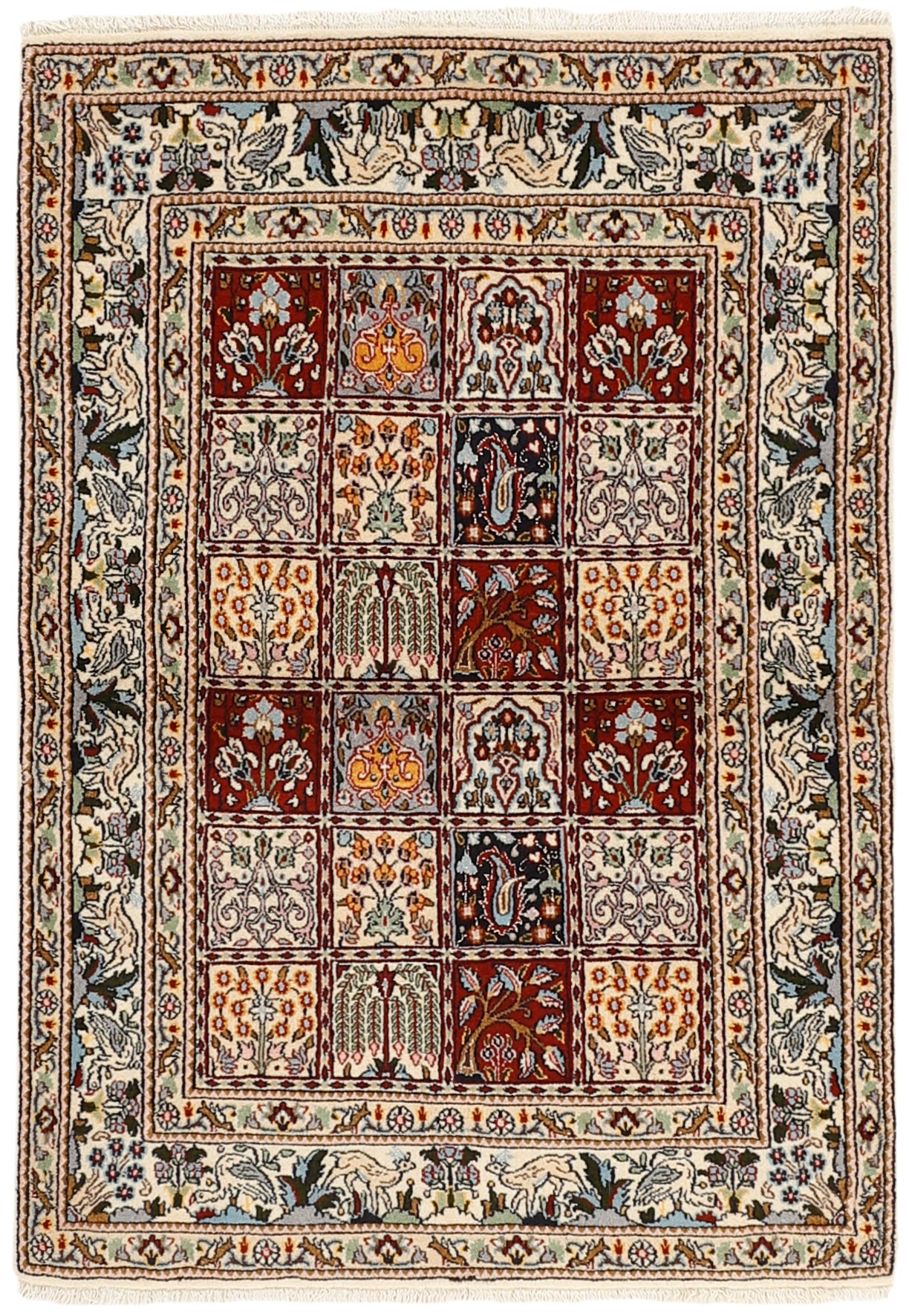 authentic persian rug with floral pattern in beige, blue and red