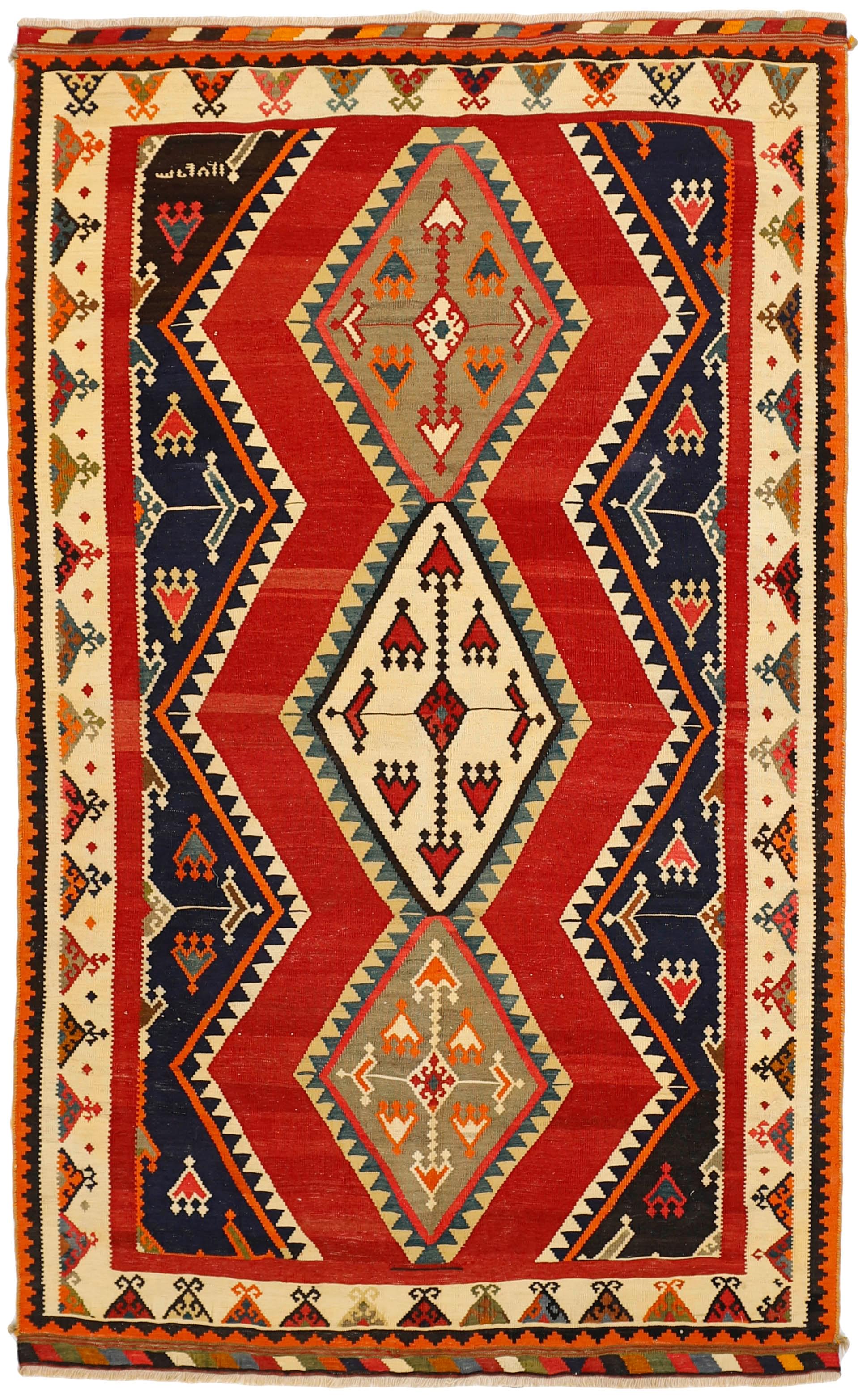 Authentic persian kelim flatweave rug with traditional stripe design in red, blue and black