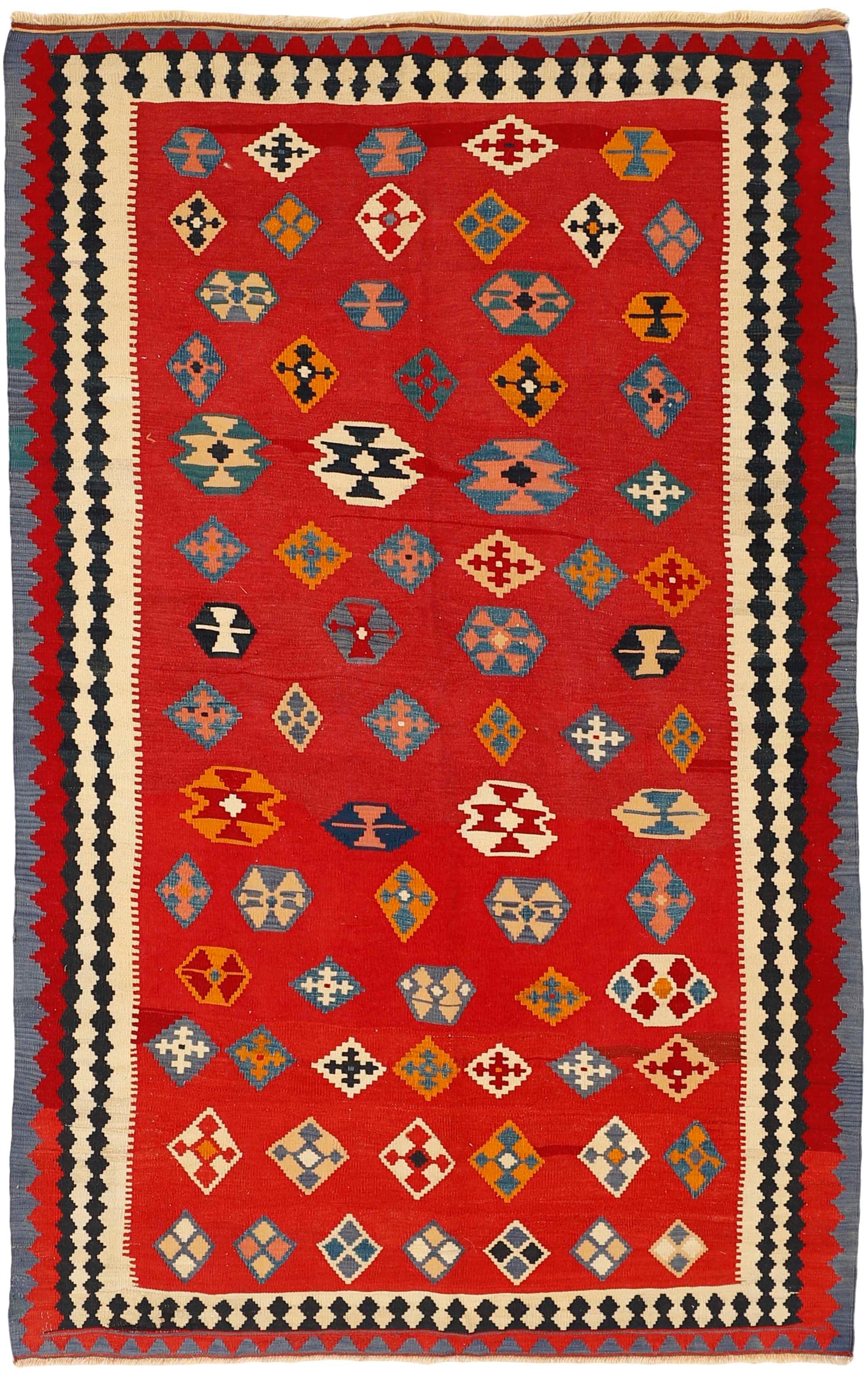 Authentic persian kelim flatweave rug with traditional stripe design in red, blue and black