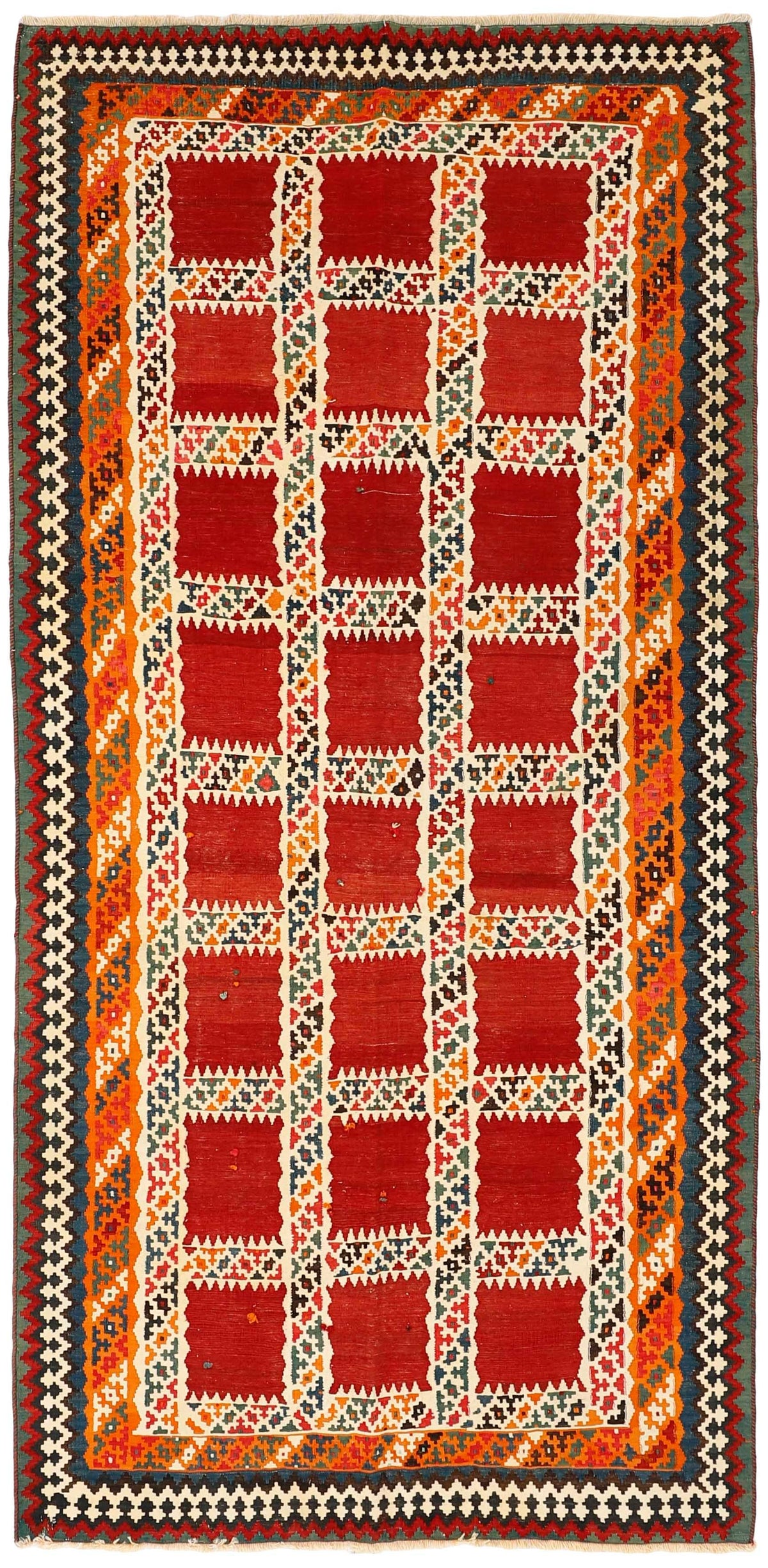 Authentic persian kelim flatweave rug with traditional stripe design in red, blue and black