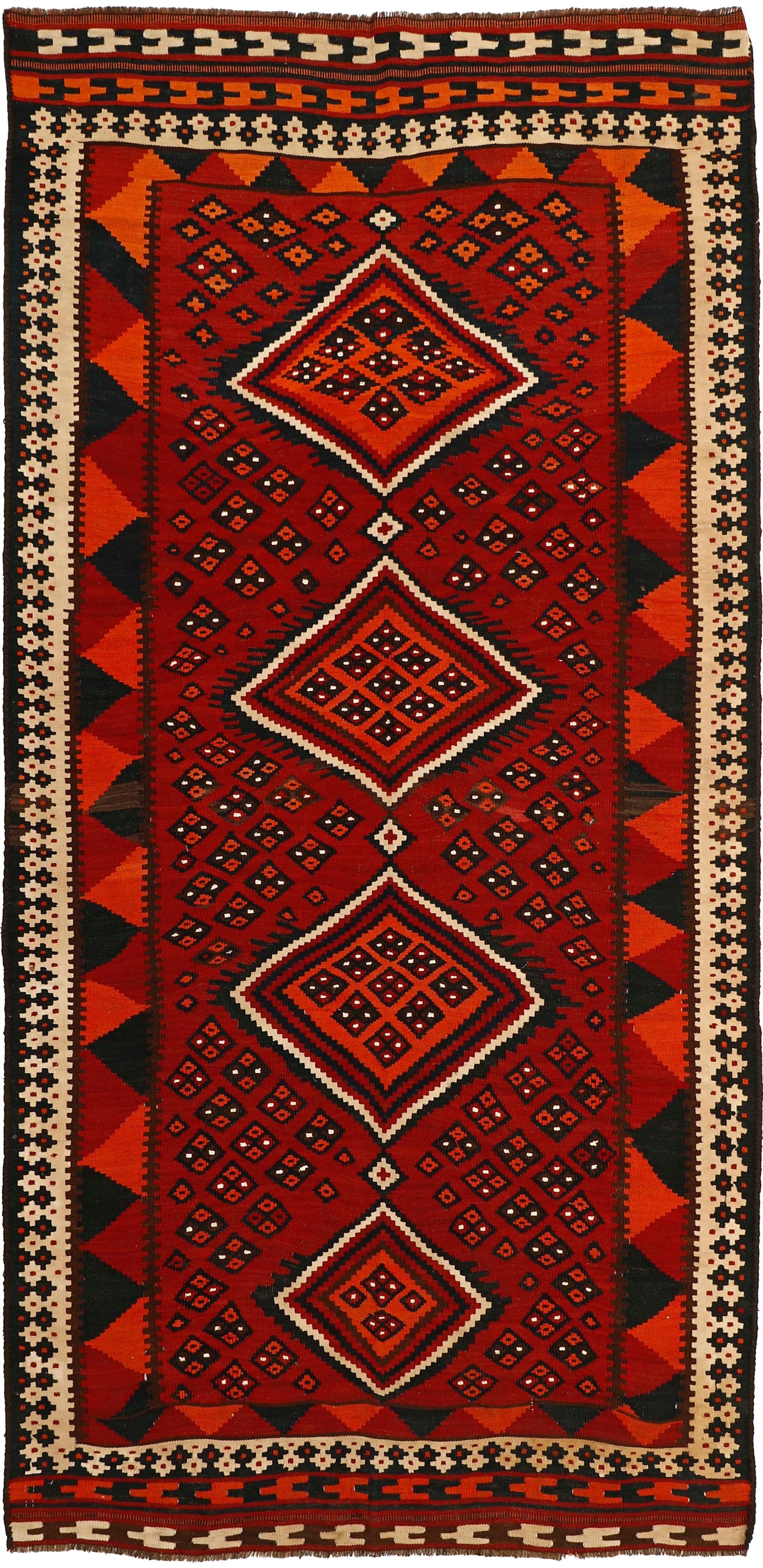 Authentic persian kelim flatweave rug with traditional stripe design in red, blue and black