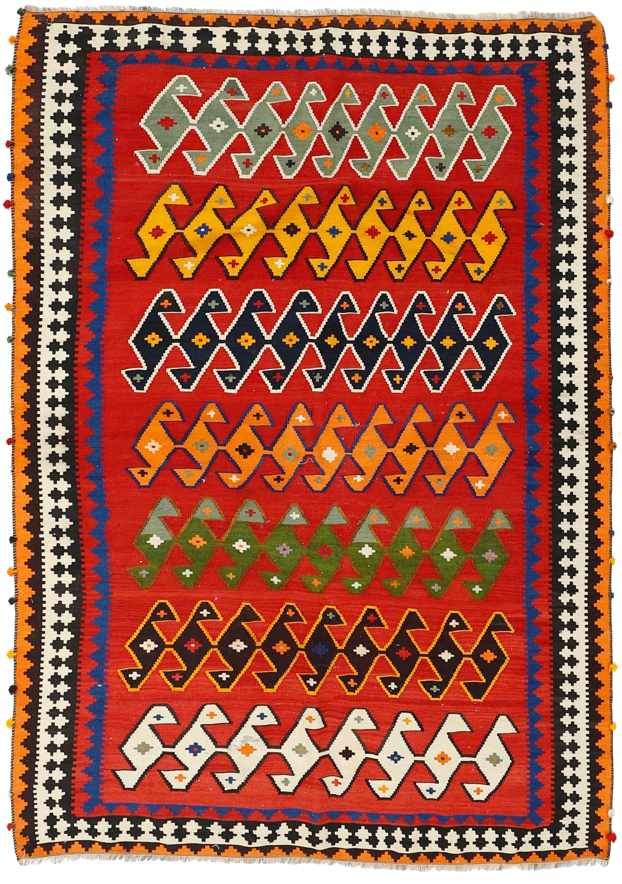 Authentic persian kelim flatweave rug with traditional stripe design in red, blue and black
