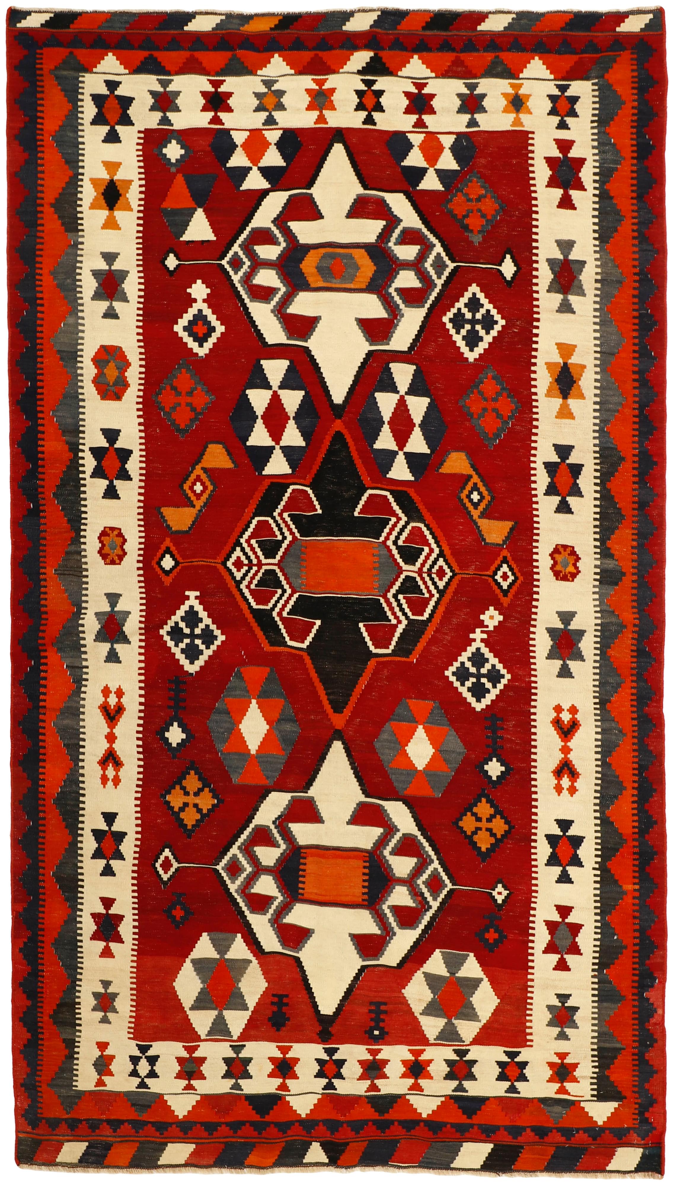 Authentic persian kelim flatweave rug with traditional stripe design in red, blue and black
