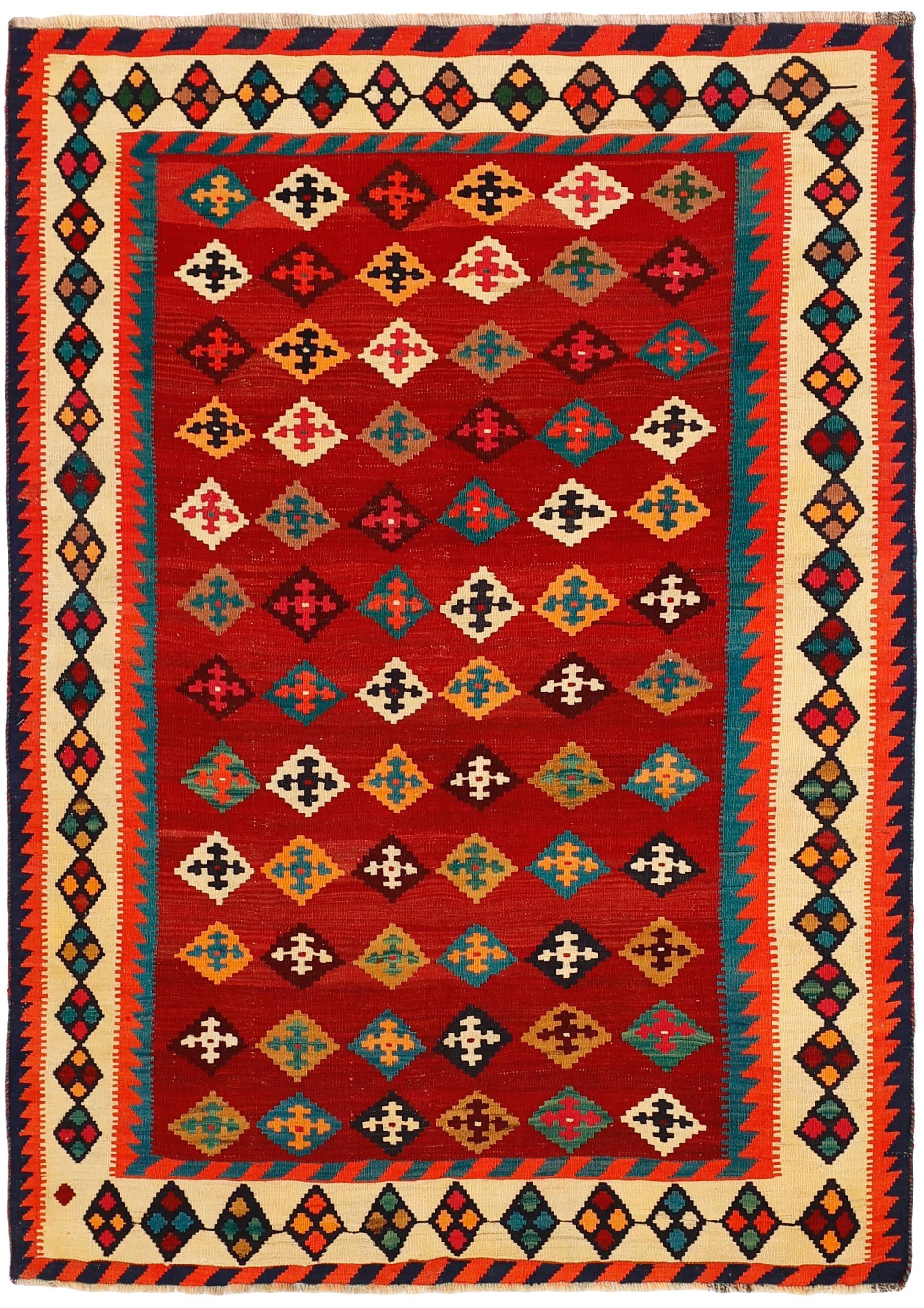 Authentic persian kelim flatweave rug with traditional stripe design in red, blue and black