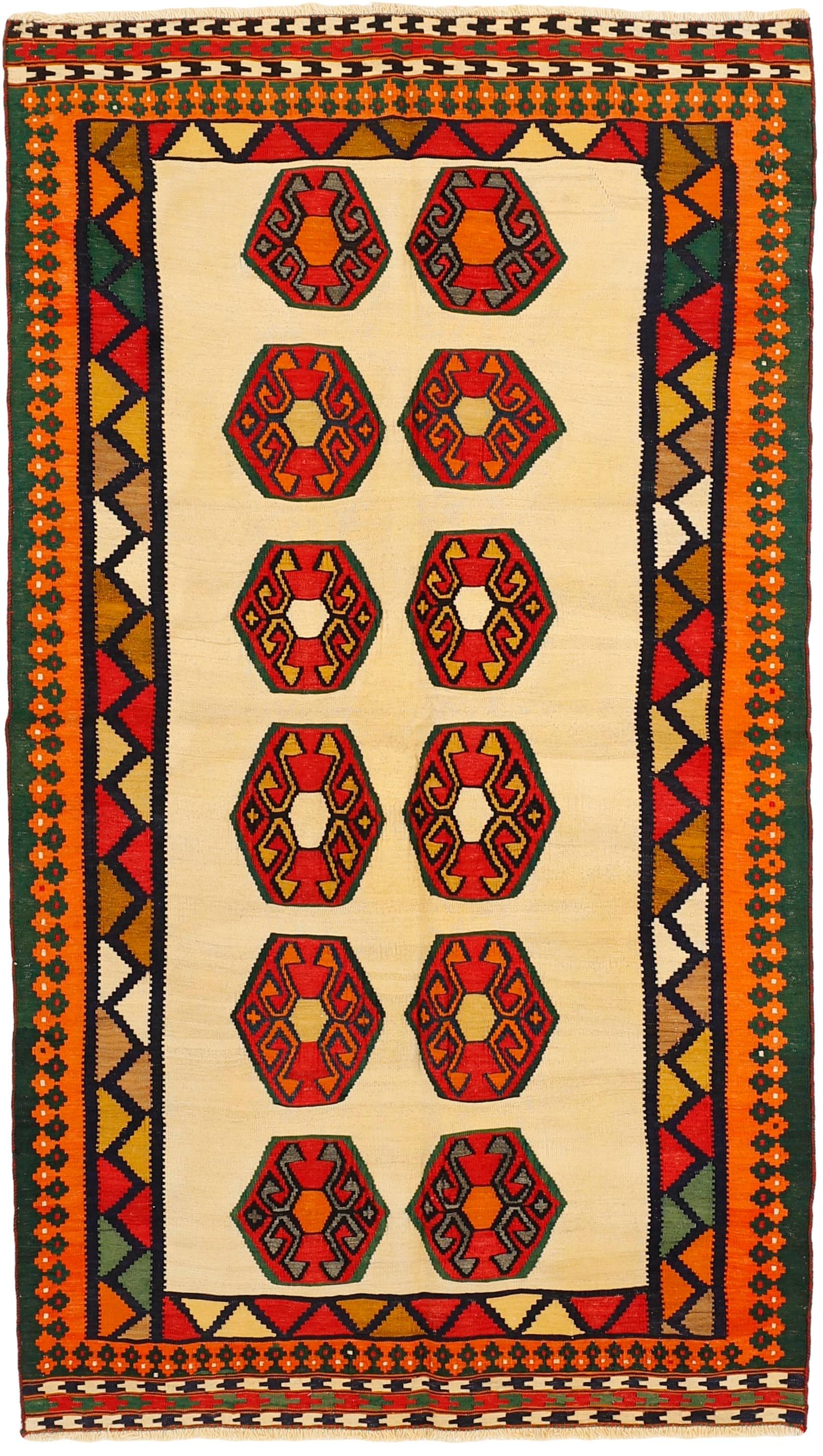 Authentic persian kelim flatweave rug with traditional stripe design in red, blue and beige