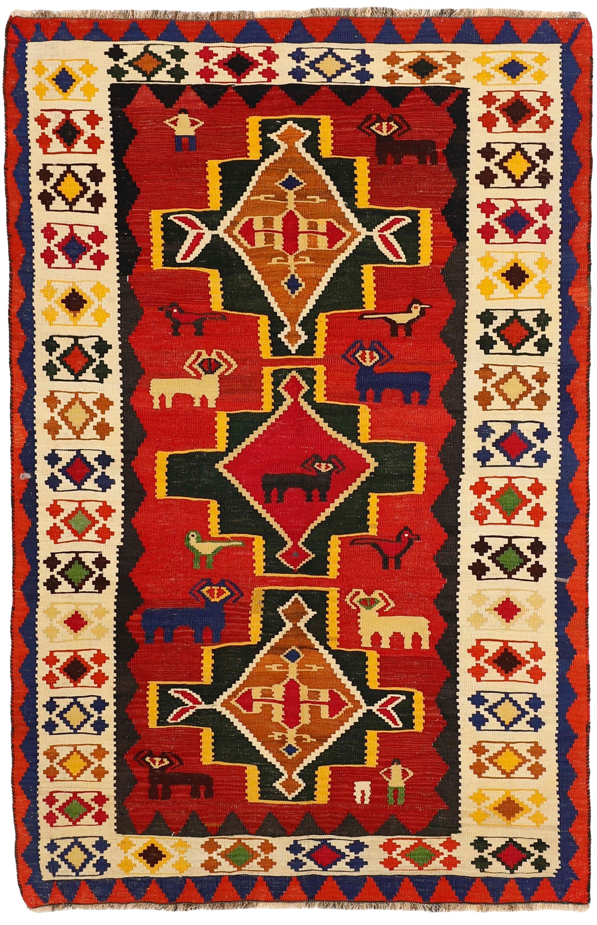 Authentic persian kelim flatweave rug with traditional stripe design in red, blue and black