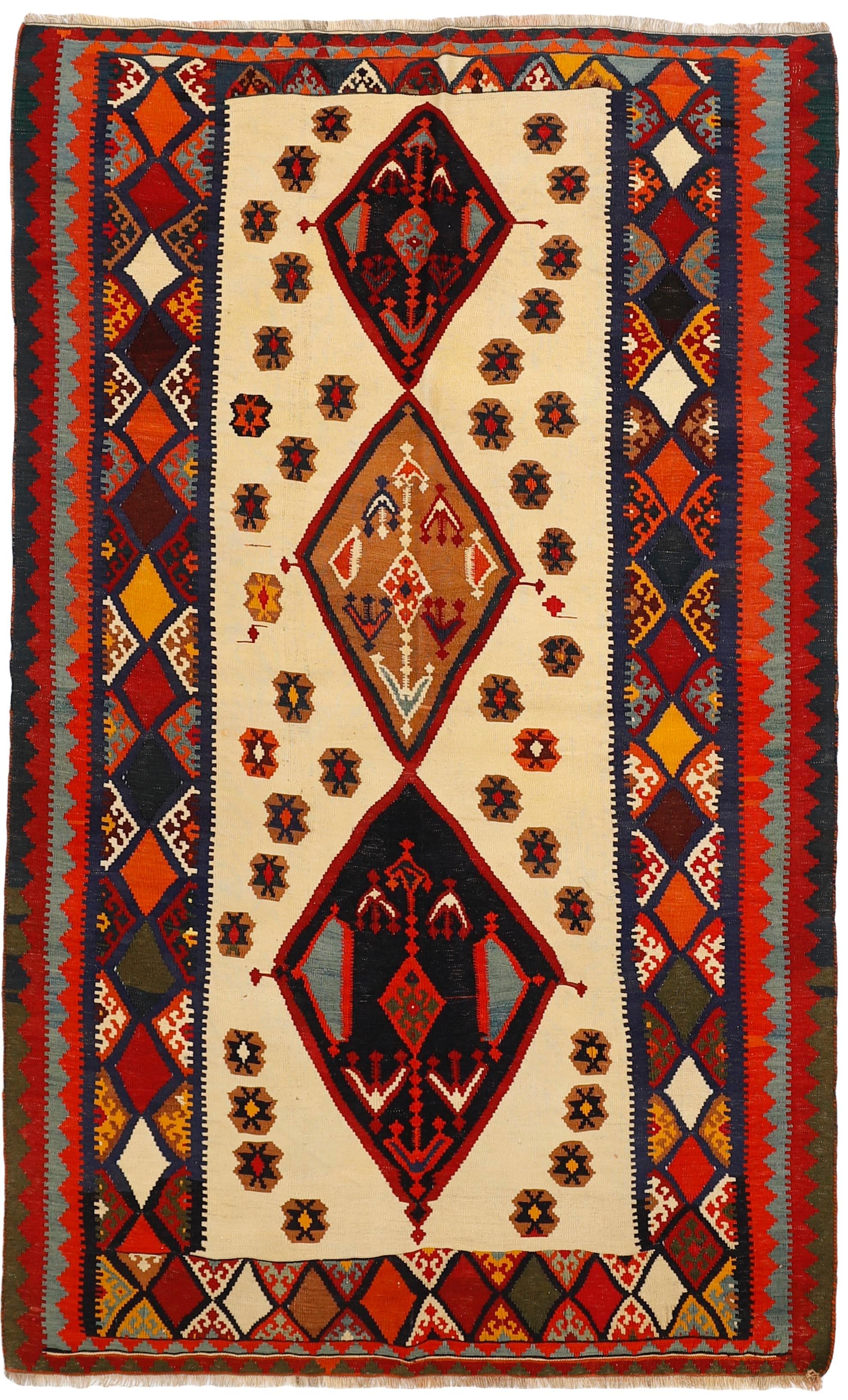 Authentic persian kelim flatweave rug with traditional stripe design in red, blue and black