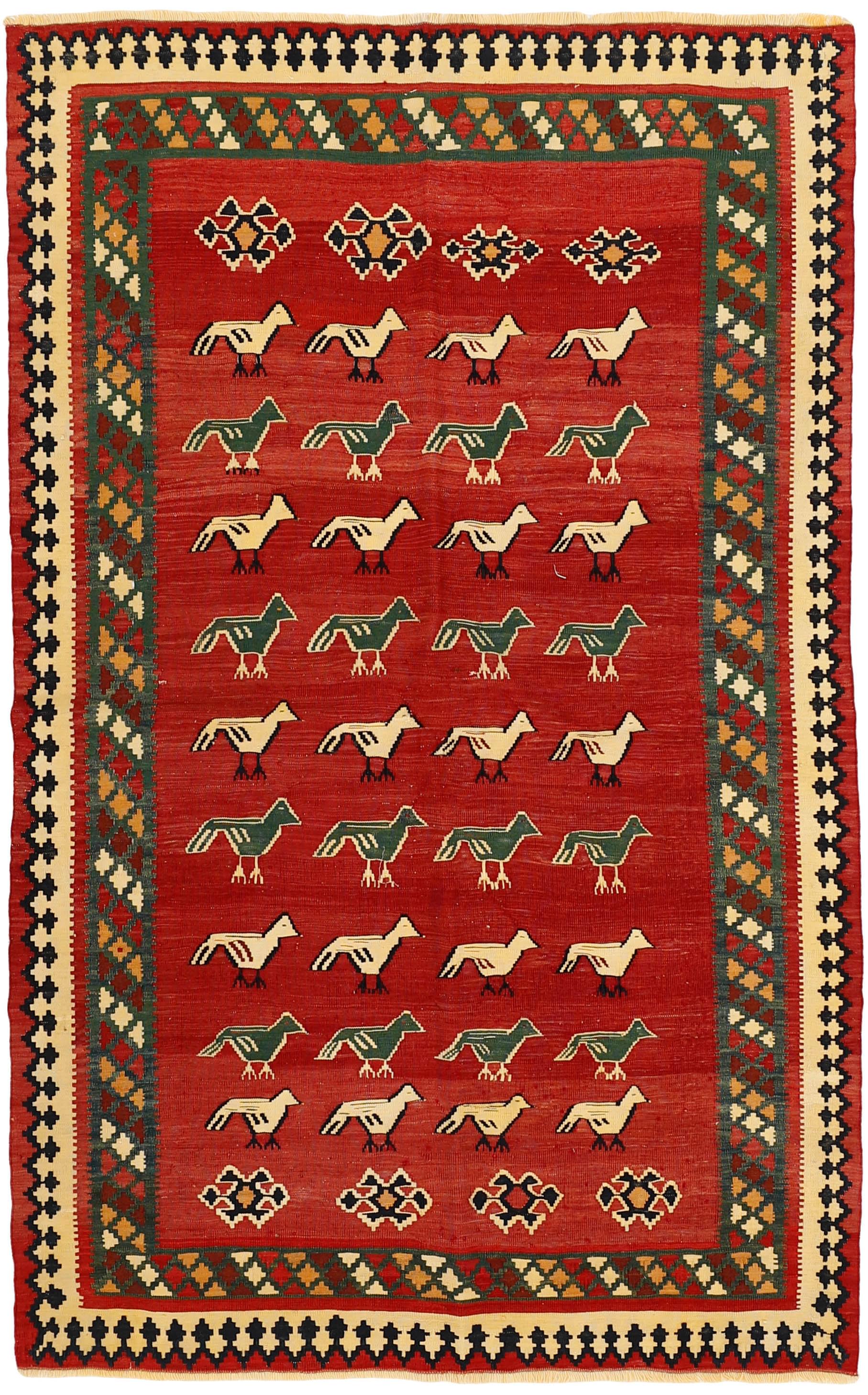 Authentic persian kelim flatweave rug with traditional stripe design in red, blue and black