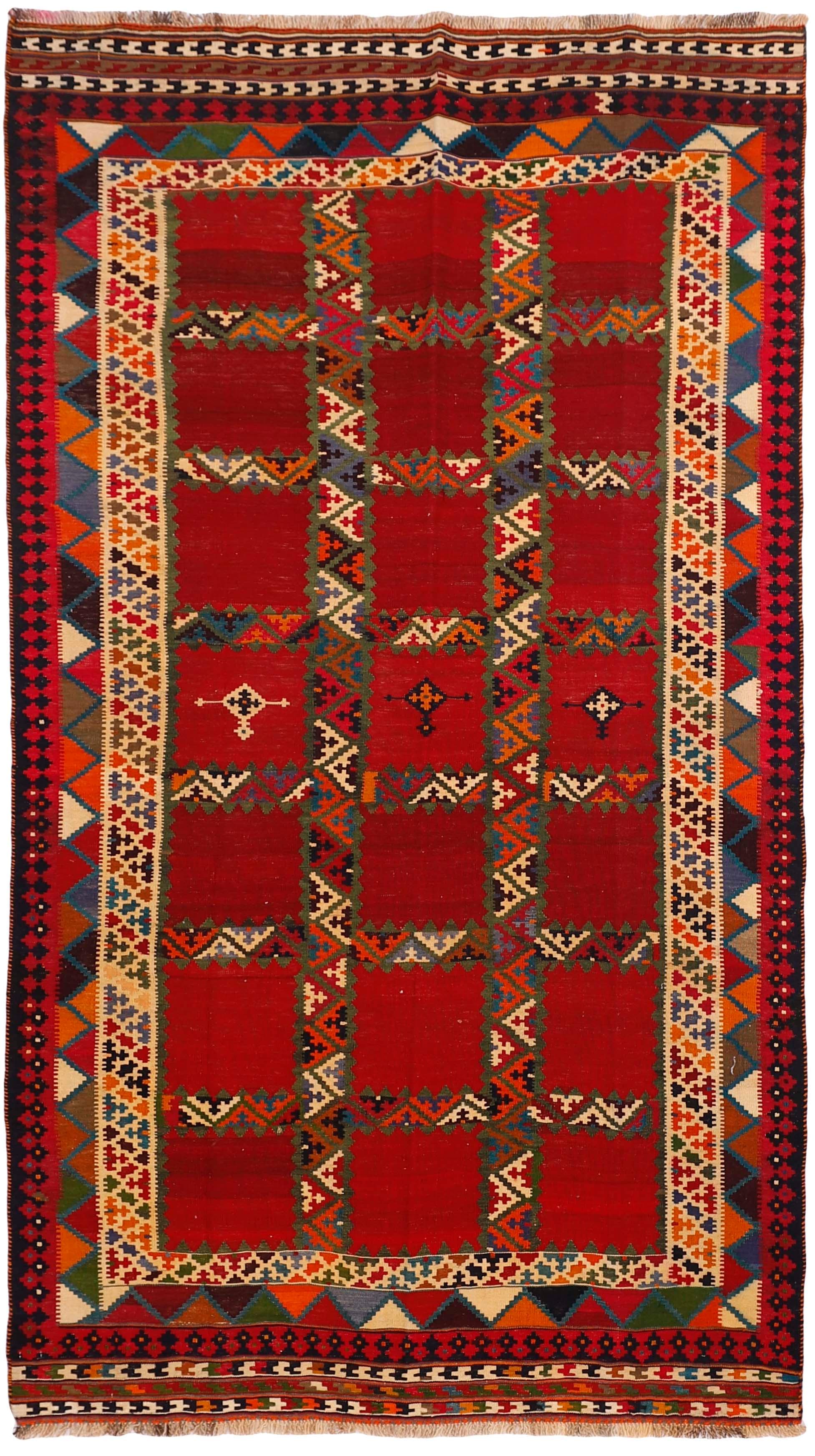 Authentic persian kelim flatweave rug with traditional stripe design in red, blue and black