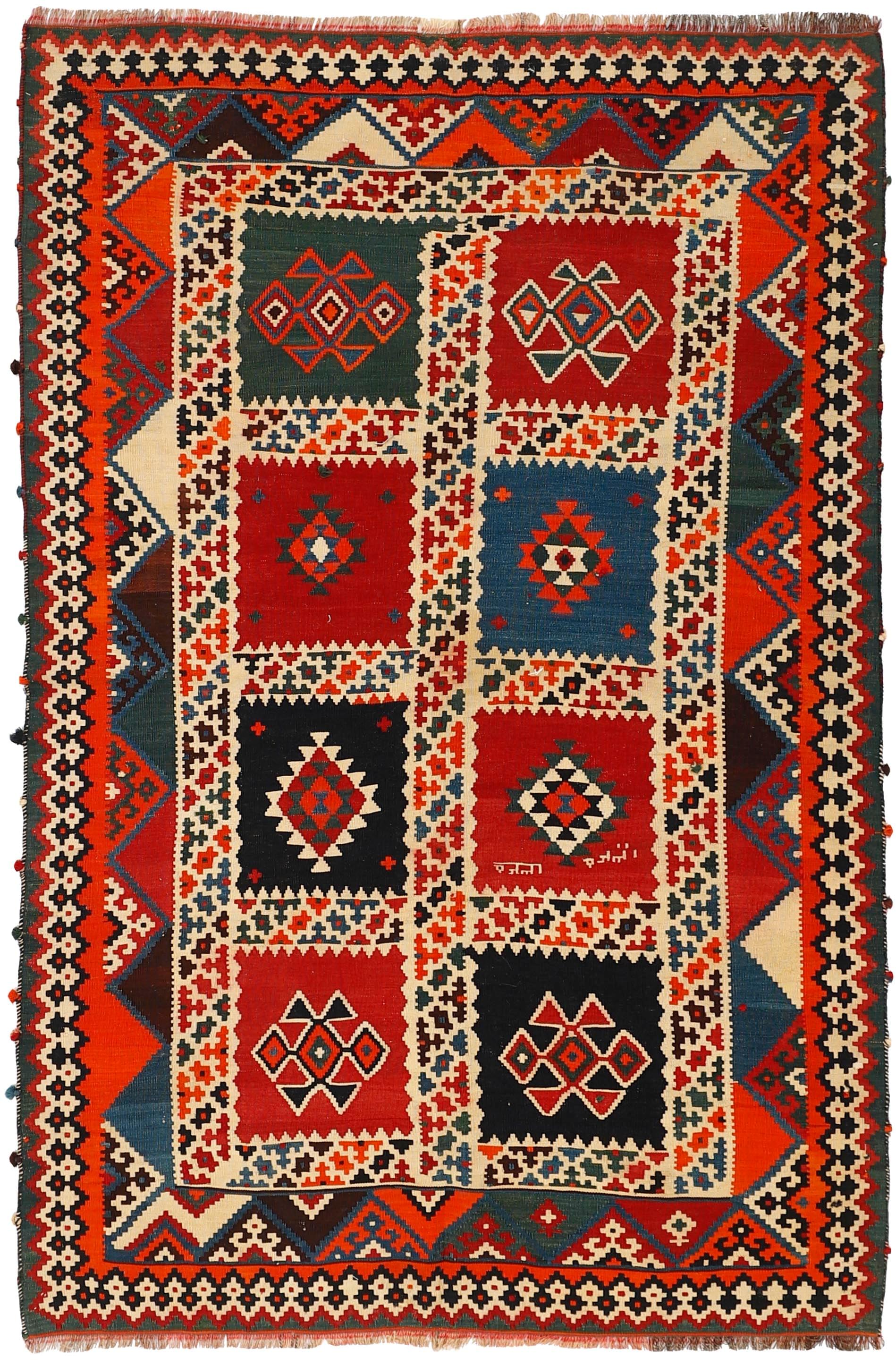 Authentic persian kelim flatweave rug with traditional stripe design in red, blue and black