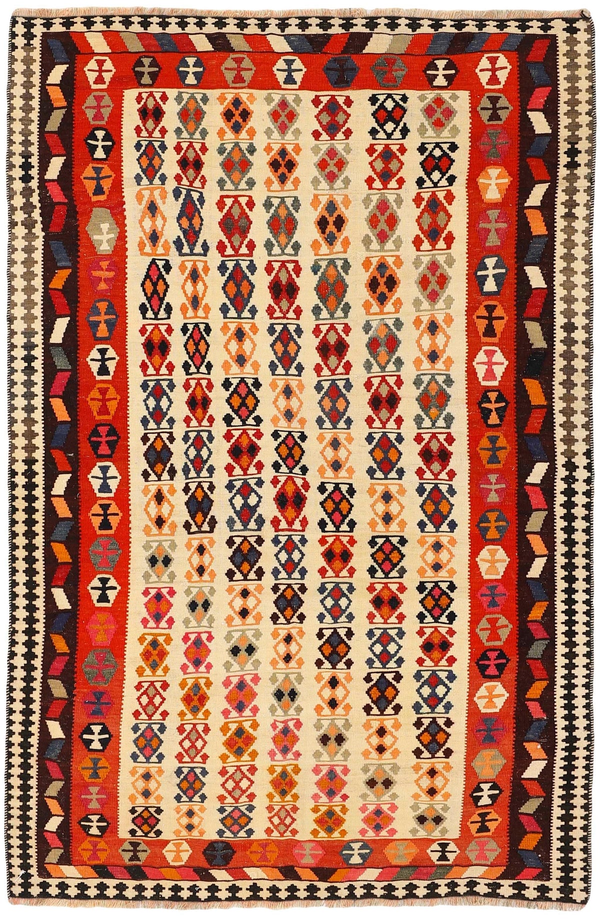 Authentic persian kelim flatweave rug with traditional stripe design in red, blue and black