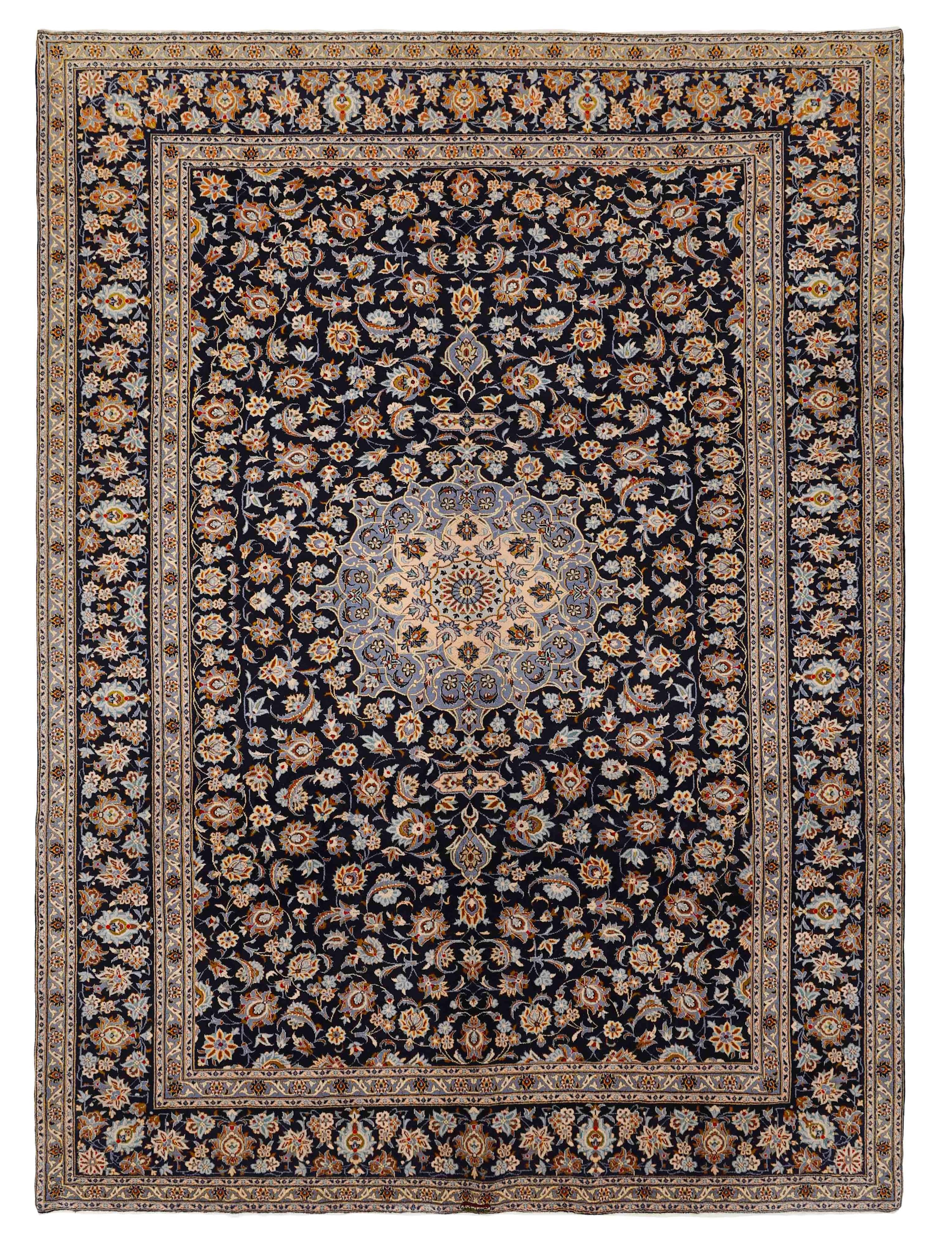 Authentic persian rug with traditional floral design in black, blue and beige