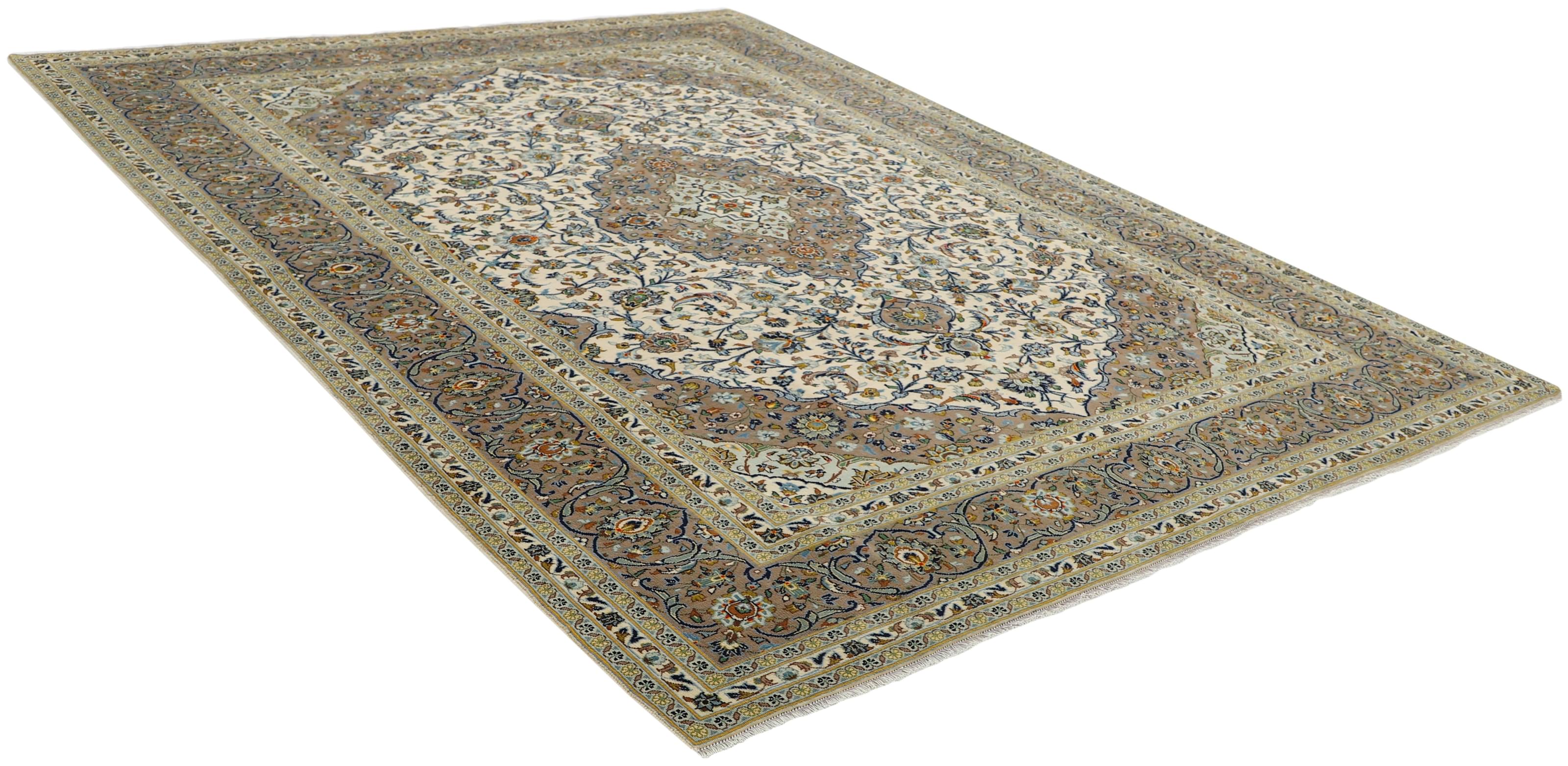 Authentic persian rug with traditional floral design in beige and blue